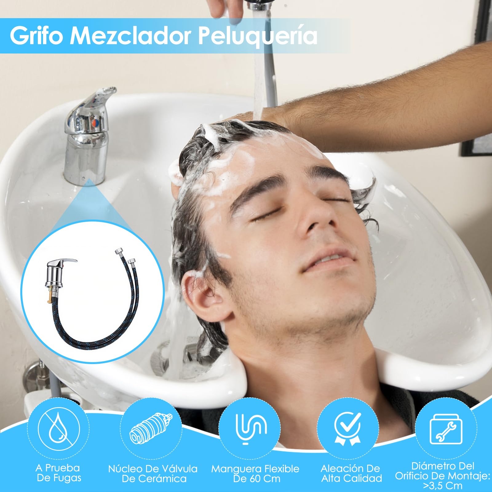 Rubinetto Lavabo Salotto, Valvola Miscelatrice, Lavacapelli Portatile Rubinetto Alcachofa – Miscelatore Parrucchiere + Tubo, Regolazione Facile – Tubo Professionale per Lavabo