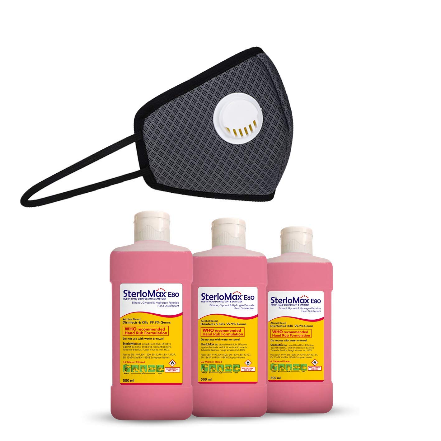 SterloMax Ethanol based Sanitizer E-80 - 3 Pack x 500 ml Sanitizer with 1xFree Fresh Filter 6 Ply Anti-Pollution Reusable Valved Outdoor Mask (B08C7GPGCD) Amazon Price History, Amazon Price Tracker