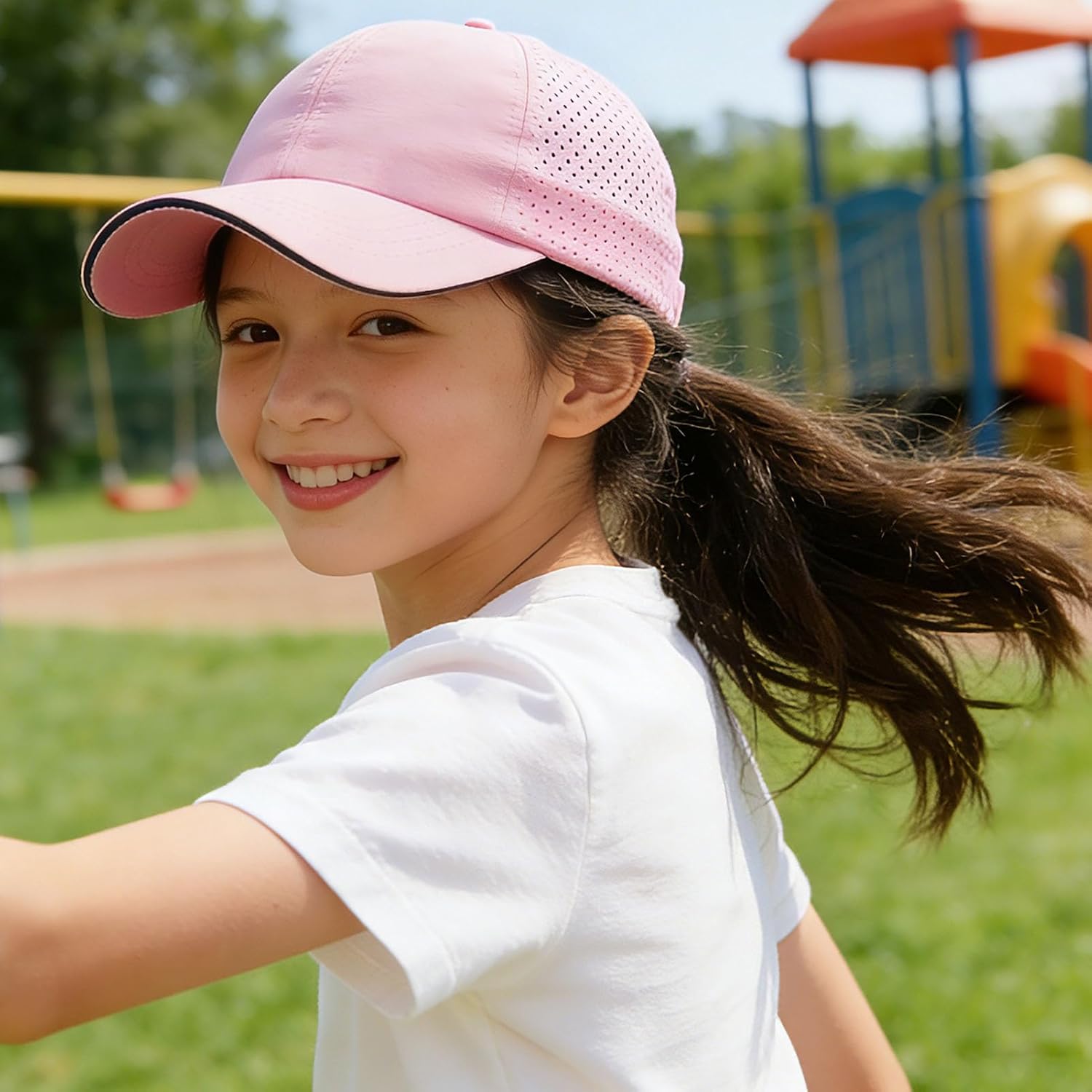 Girls Criss Cross Ponytail Hat Mesh Baseball Cap Kids Quick Dry Ponycap Hats Outdoor Summer Sports Hat Age 7-12 - Image 5