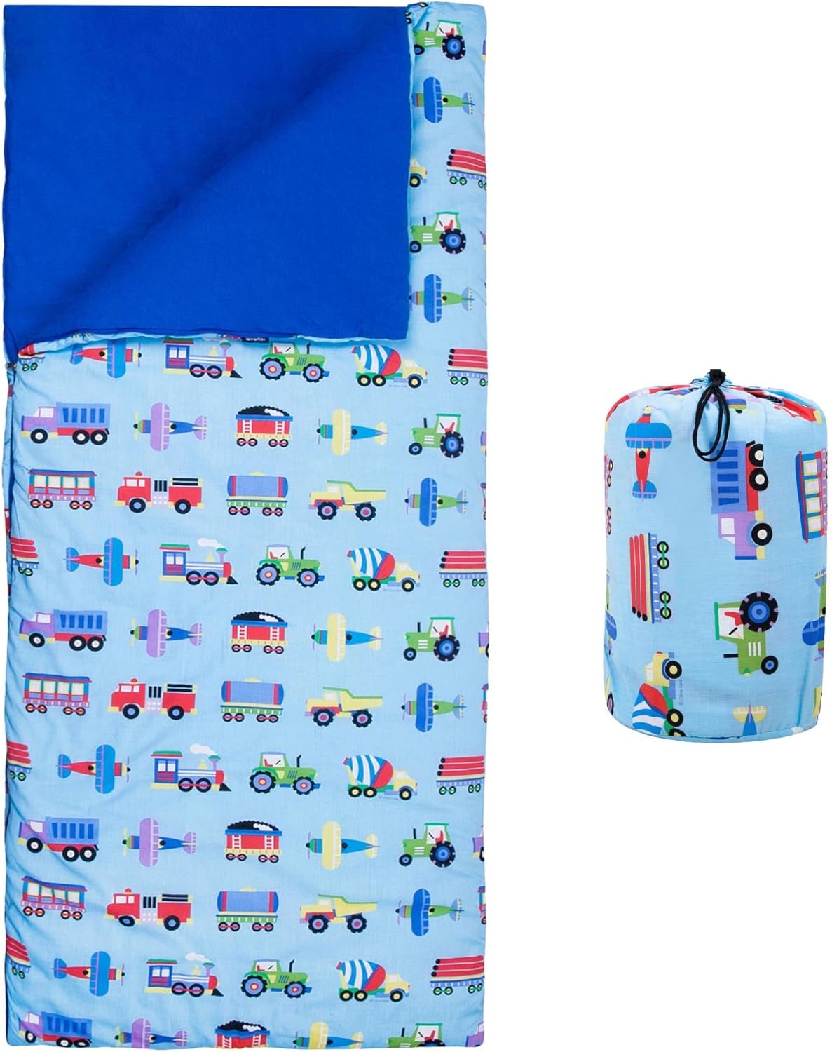 Wildkin Kids Sleeping Bag – Roll-Up Design with Storage Bag for School, Travel & Camping - Trains, Planes, and Trucks