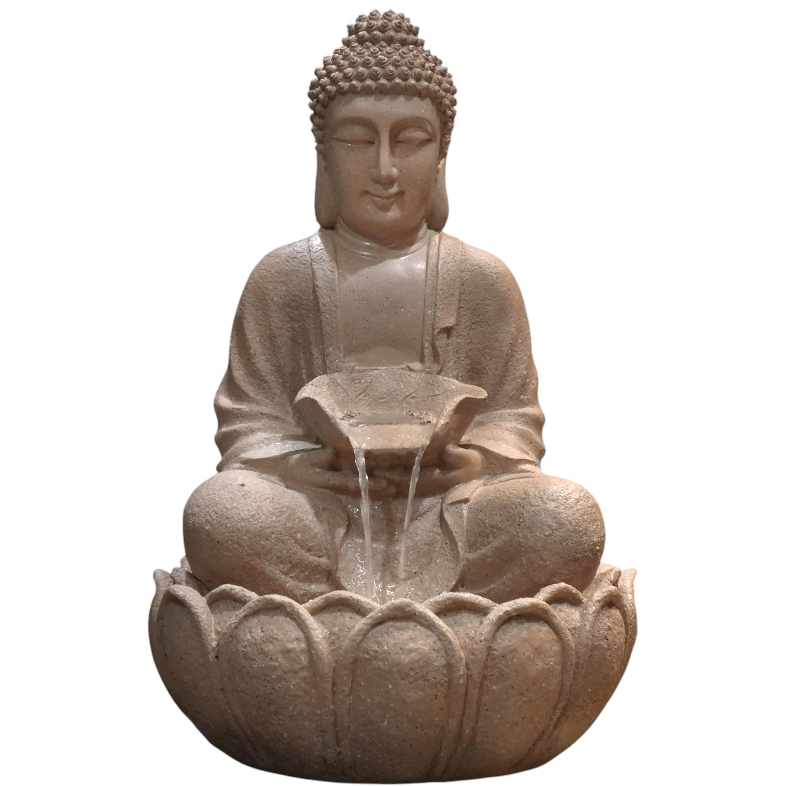 Kamal Buda Fuente de agua para el hogar y el jardín - Fuente de Buda de fibra con luz LED - Fuente de interior y exterior para vastu y positividad (beige, fuente
