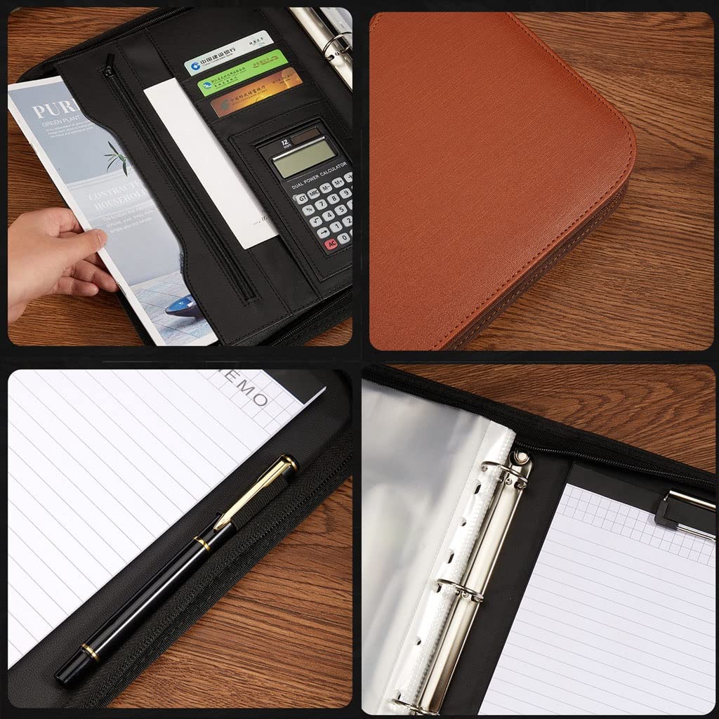 IBOWZ Cartella per Documenti in Pelle A4 Padfolio con Blocco Note con Custodia con Cerniera, Cartella di Presentazione e 4 Tasche Raccoglitore ad Anelli per Biglietti passaporto per Un Amico
