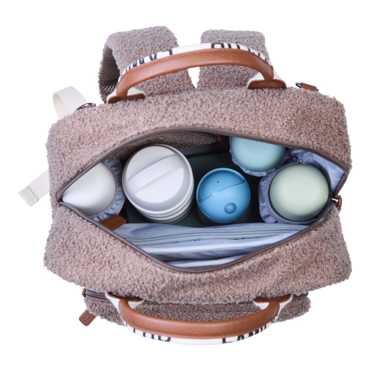 CHILDHOME, Sac à dos à langer Family Bag, Grande capacité, Multifonctionnel, Tapis à langer inclus, 11 Compartiments, Pochette Isotherme, Passage Trolley-valise, Accroche Poussette, 20.5L, Teddy Brun