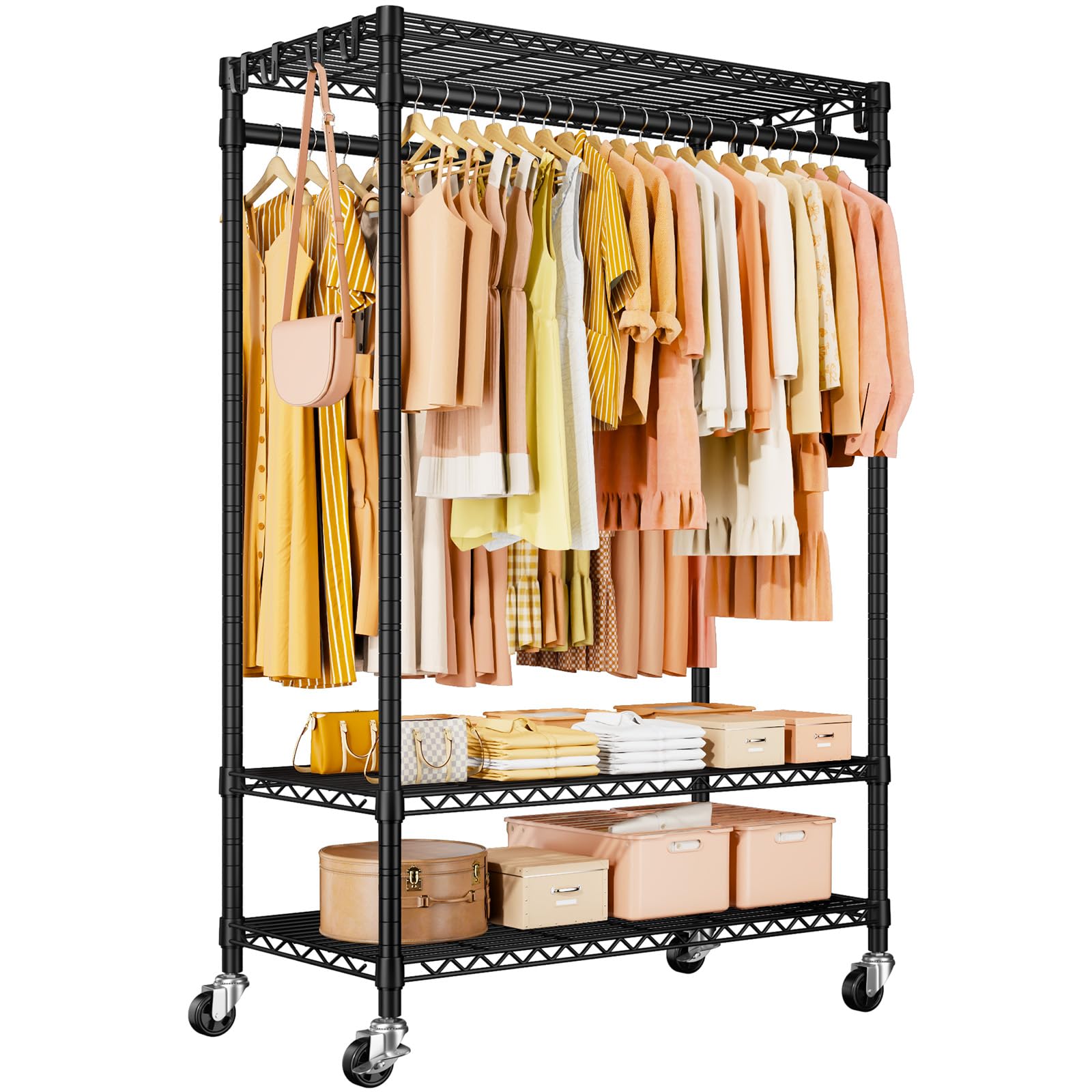P7 Rolling Clothes Rack, Clothing Racks for Hanging Clothes, Heavy Duty Garment Rack with Wheels, 3 Tiers Freestanding Portable Closet Rack 45''W × 20.5''D × 80.5''H, Max Load 480 lbs, Black