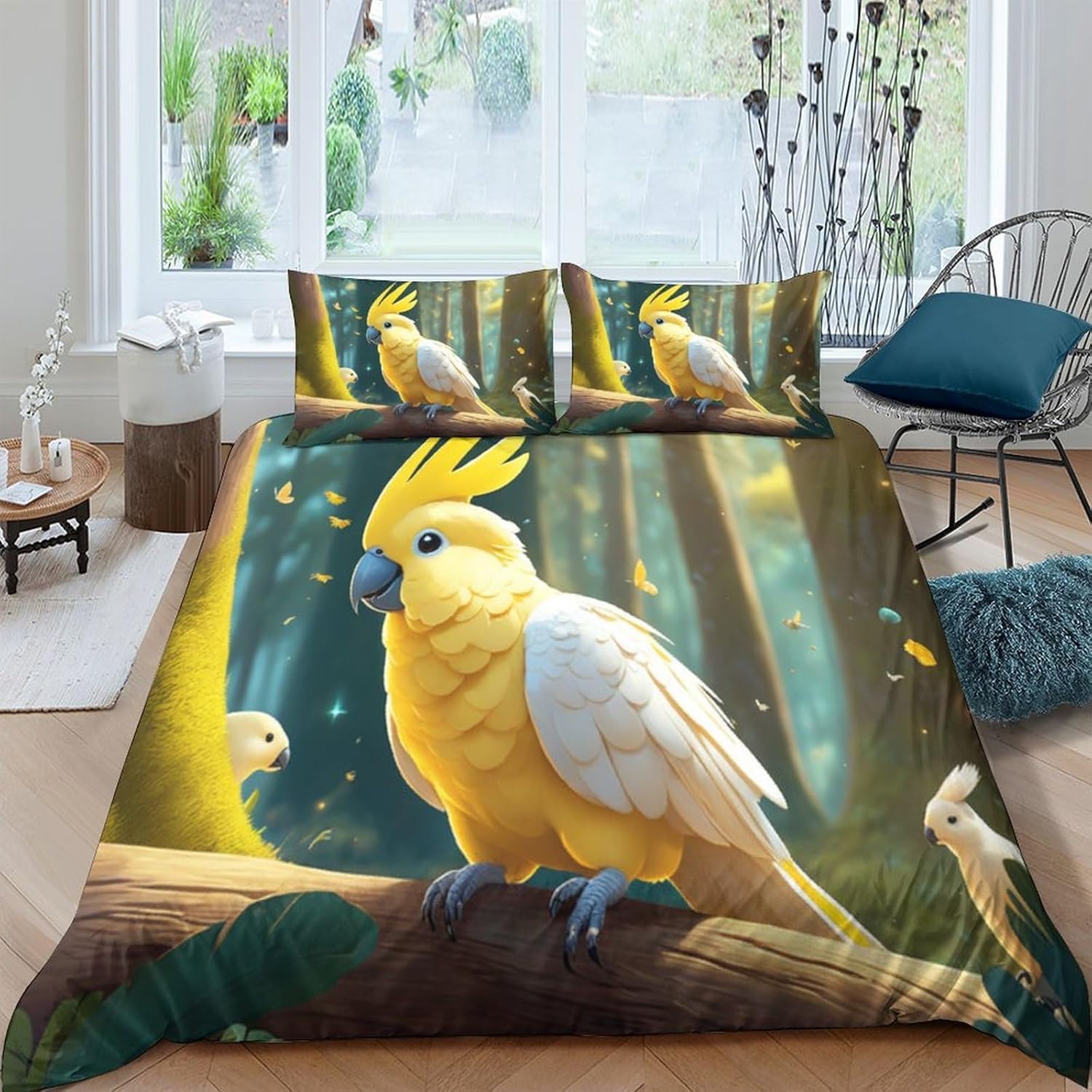 Housse de couette 260x240 oiseaux animaux literie microfibre finition zip