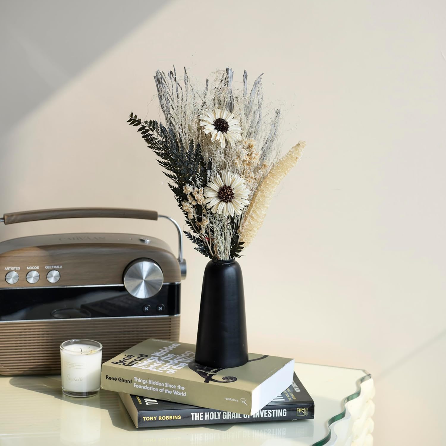 Luxe Ivory Dried Flowers with Vase Pot | Metal Matte Black Plant Pots for Flowers Planter Living Room Bedroom & Office Decor| Elegant Hancraft Eco-Friendly Natural Dry Flower-picture-25