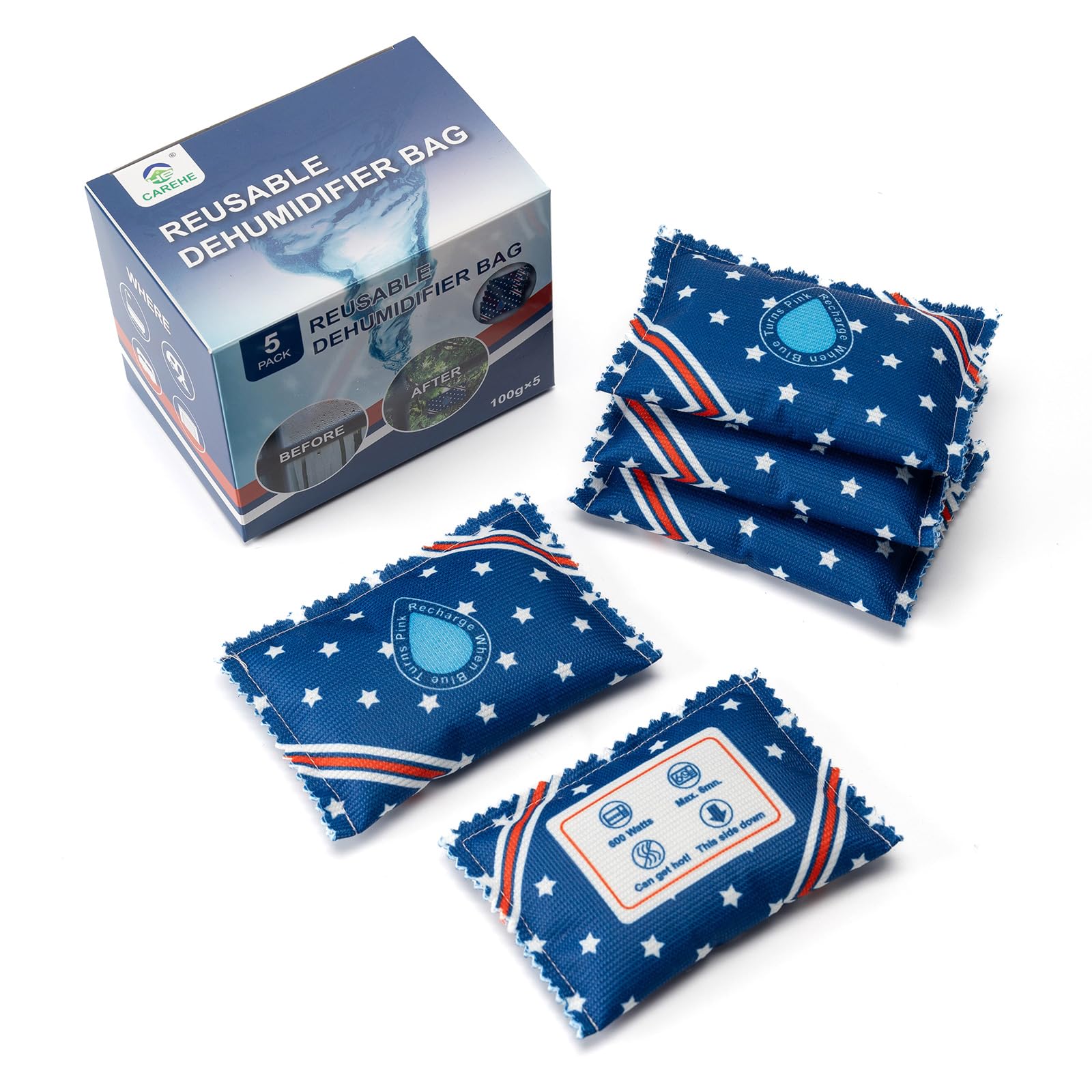 CAREHE Rechargeable Dehumidifier Bags 5 Pack (100g Each) - Silica Gel Moisture Absorbers for Closet, Car, Gun Safe, Garage Storage, RV - Reusable by Microwave Heating