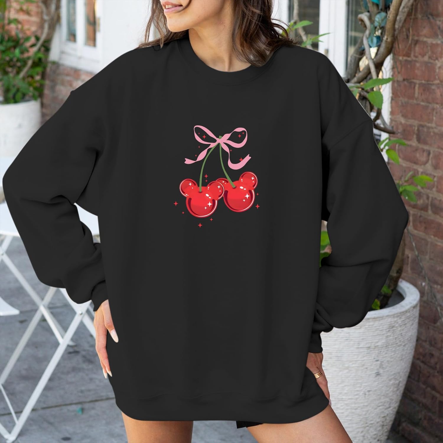 Magical Sweatshirts for Women Oversized Cherry Bow Graphic Long Sleeve Shirt Holiday Vacation Cute Pullover Tops - Image 5