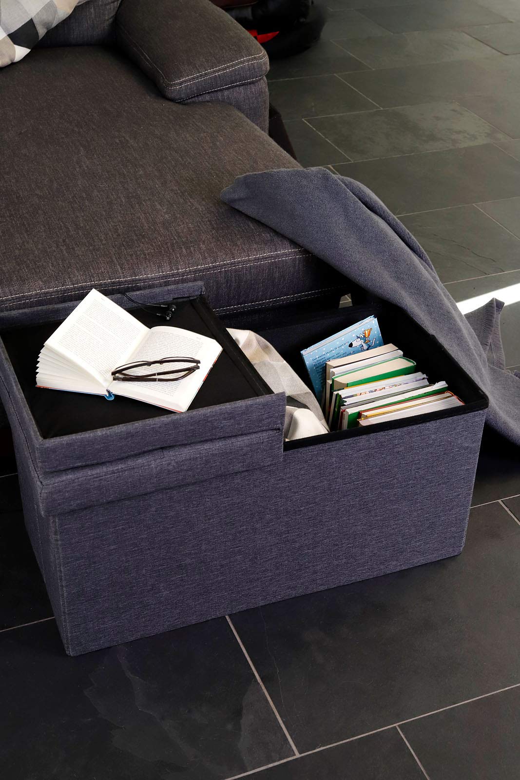 tavora Sgabello cassapanca pieghevole Panca con Contenitore con Coperchio a Cerniera 76x38x38 cm, in Lino Grigio | Panca contenitore stabile con rivestimento in lino, ampio spazio e coperchio a cerniera per soggiorno, ingresso o camera
