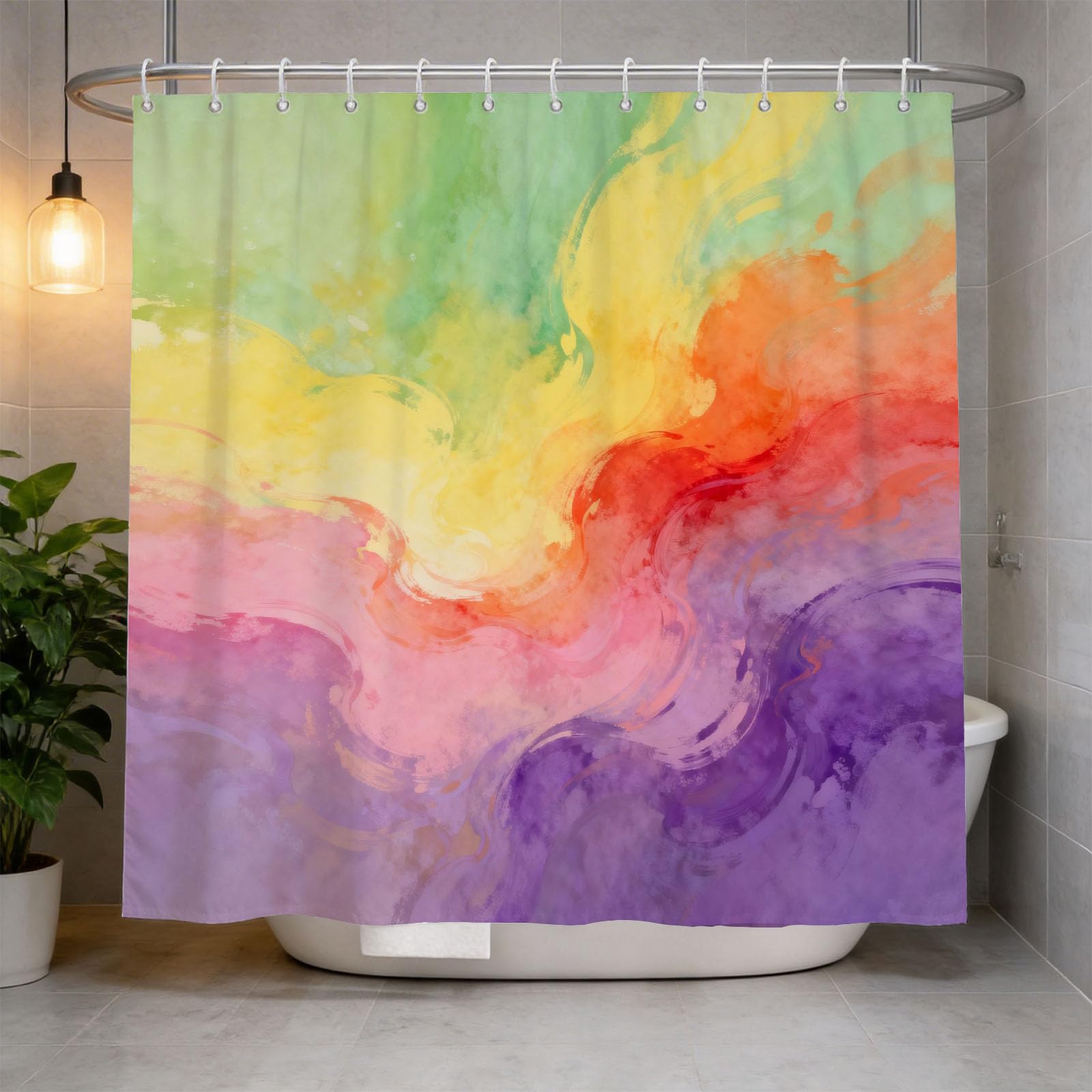 Hongduo White 3D Rainbow Watercolor Shower Curtain For Stalls Bathtubs Colorful Bathroom Decor Shower Curtain Set Polyester Fabric Waterproof 120X180cm/48X71 Inch With Hooks