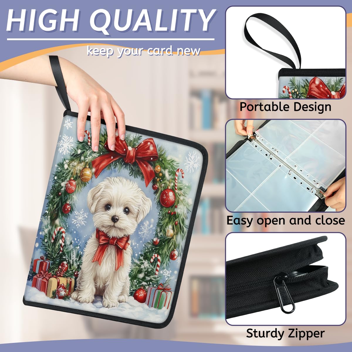 Raccoglitore per carte collezionabili con 4 tasche, per carte di Natale, con motivo con foglie di Natale, fiocchi di neve, con maniche rimovibili, impermeabile, con cerniera, 50 pagine, capacità 400