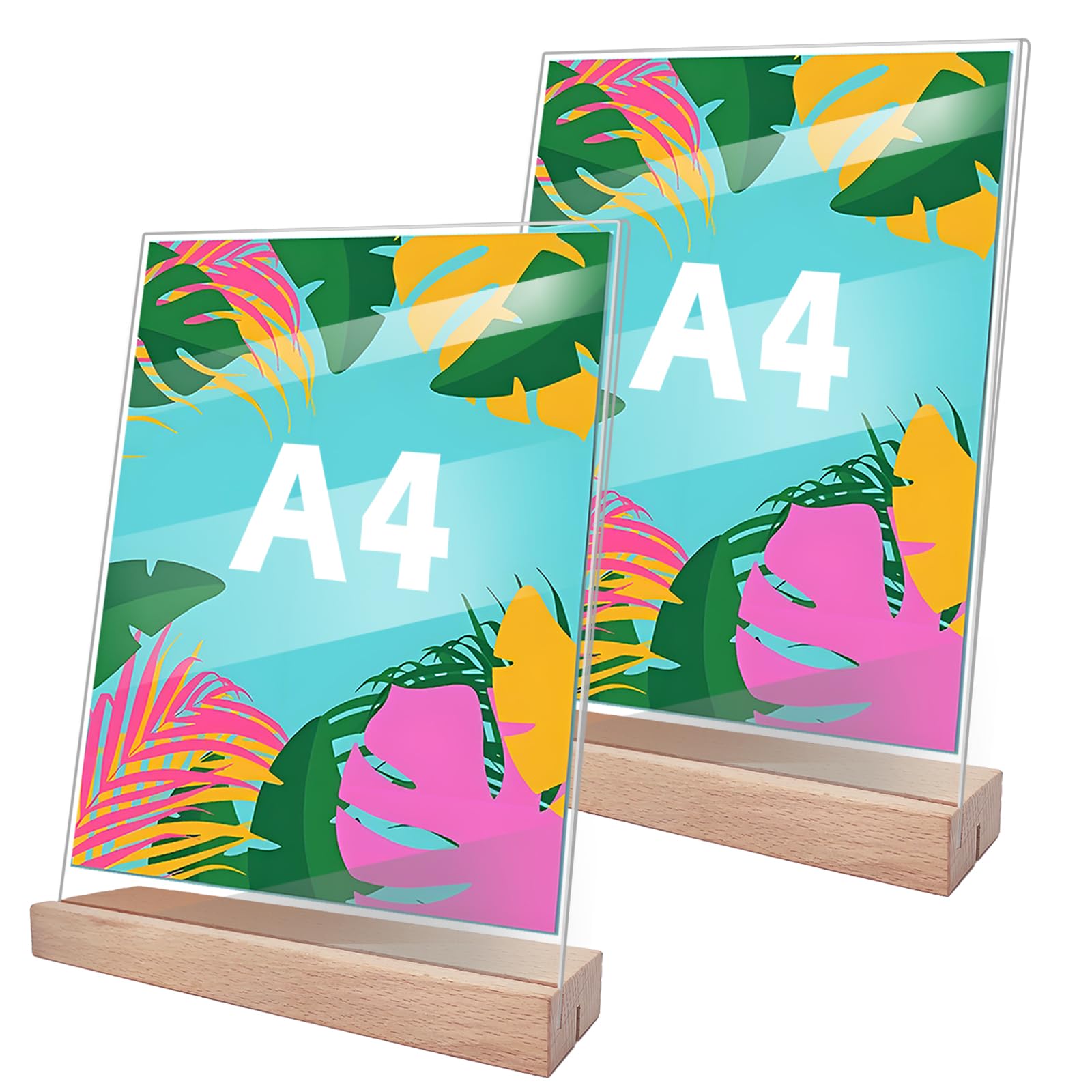 2 Piezas Soporte Letreros Acrílico A4 Transparente Expositor Metacrilato A4 con Base de Madera Forma de t Soporte de Letrero para Oficinas, Restaurantes, Tiendas, Hoteles