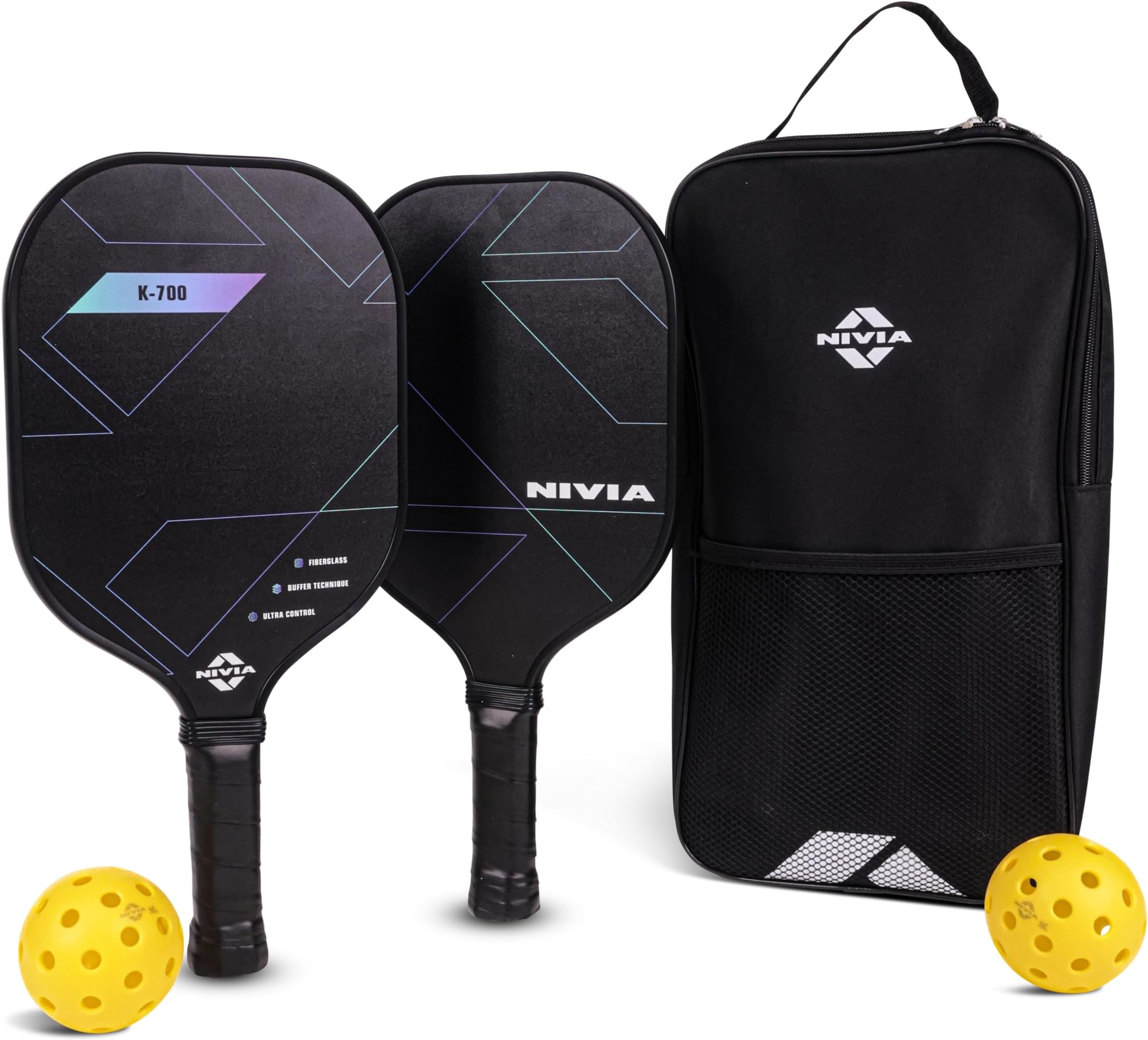 Nivia K-700 Pickleball Paddle Combo Set, 2 Ball, 2 Paddle, Fiberglass Surface, 11 mm Thickness, Paddle Cover Kit Bag, Cushion Comfort Handle Grip, Outdoor Game Kit for Kids & Adults (Black)