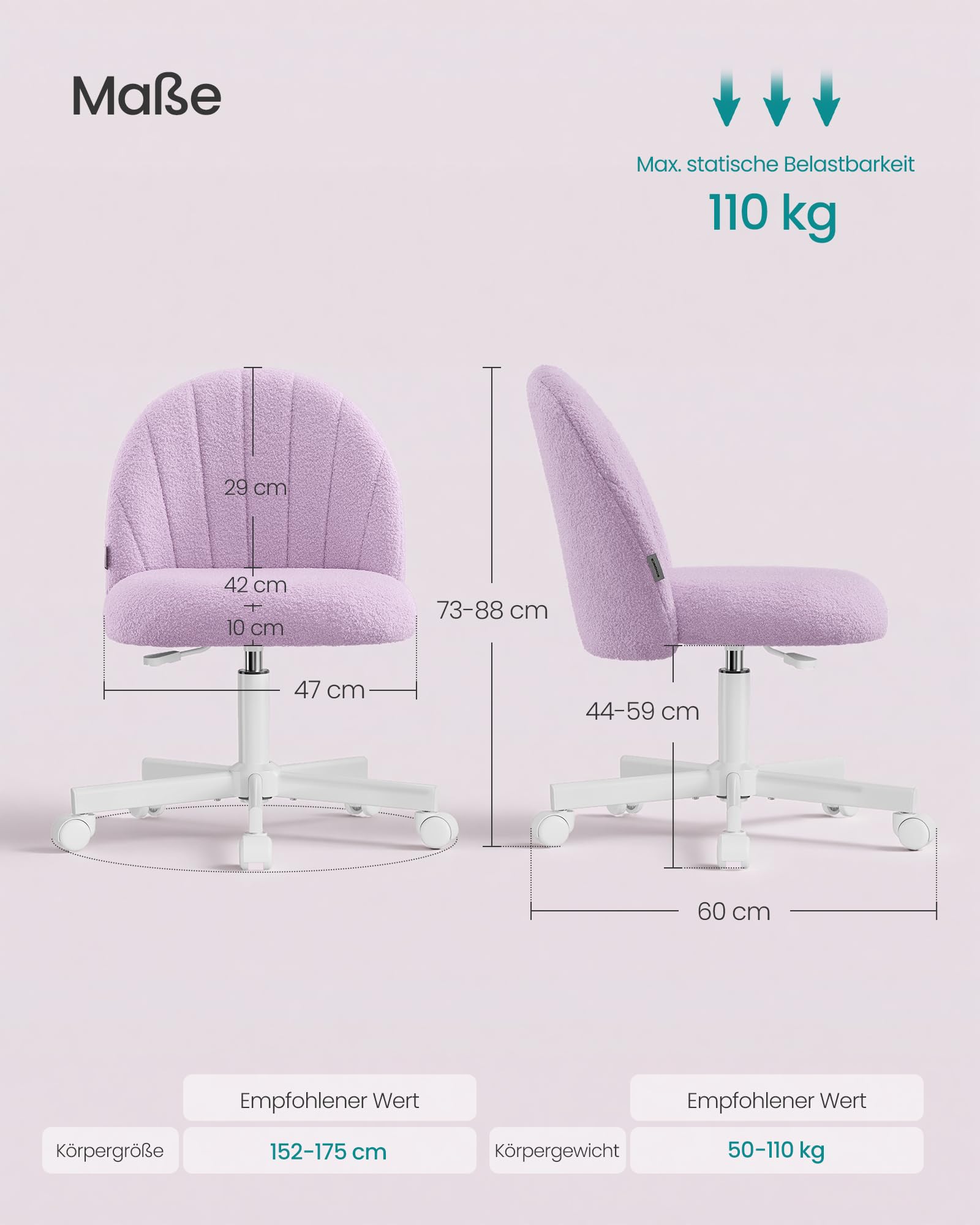 SONGMICS Homeoffice-Stuhl, Schminkstuhl aus Teddy-Fleece, Schreibtischstuhl, Schaumstoffpolsterung, höhenverstellbar, für Arbeitszimmer, Schlafzimmer, Ankleidezimmer, lila OBG027P101