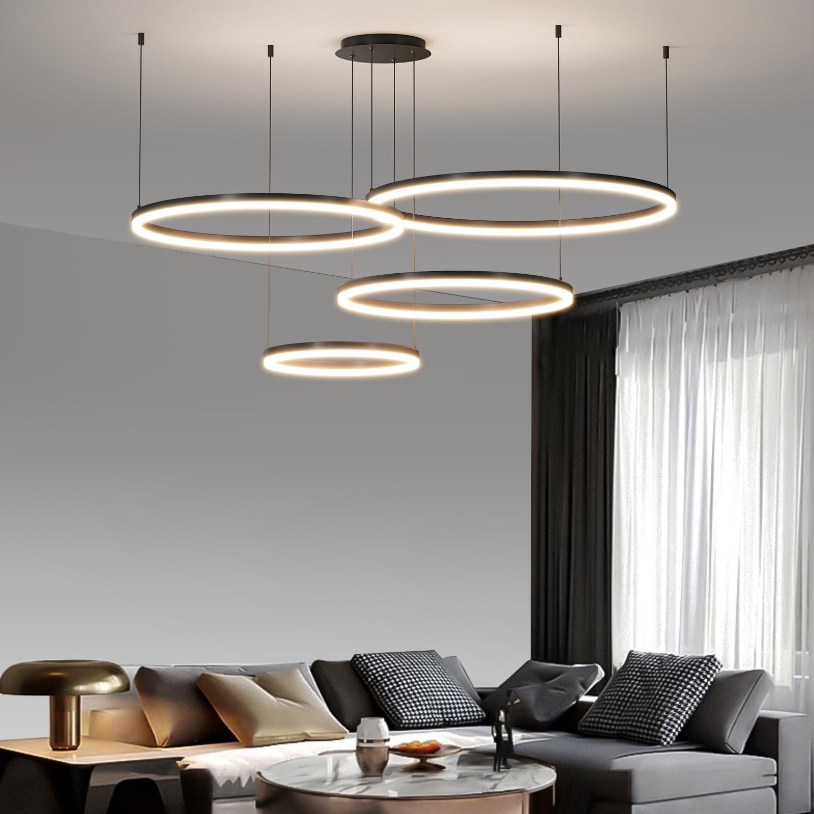 Lampadario LED Moderno A 4 Cerchi Per Soggiorno - Diametro 30+40+60+80 Cm, Dimmerabile Con Telecomando, Design Sospeso Regolabile