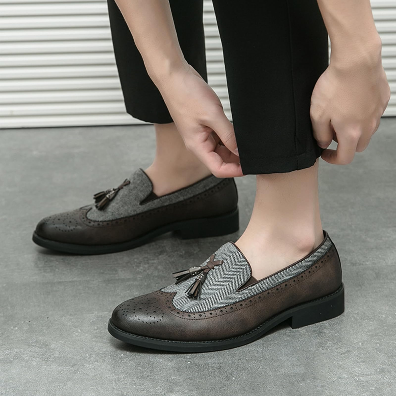 Mocassini da Uomo con Nappine, Patchwork, Bicolore, Scarpe Casual Senza Lacci, Brogues da Cerimonia
