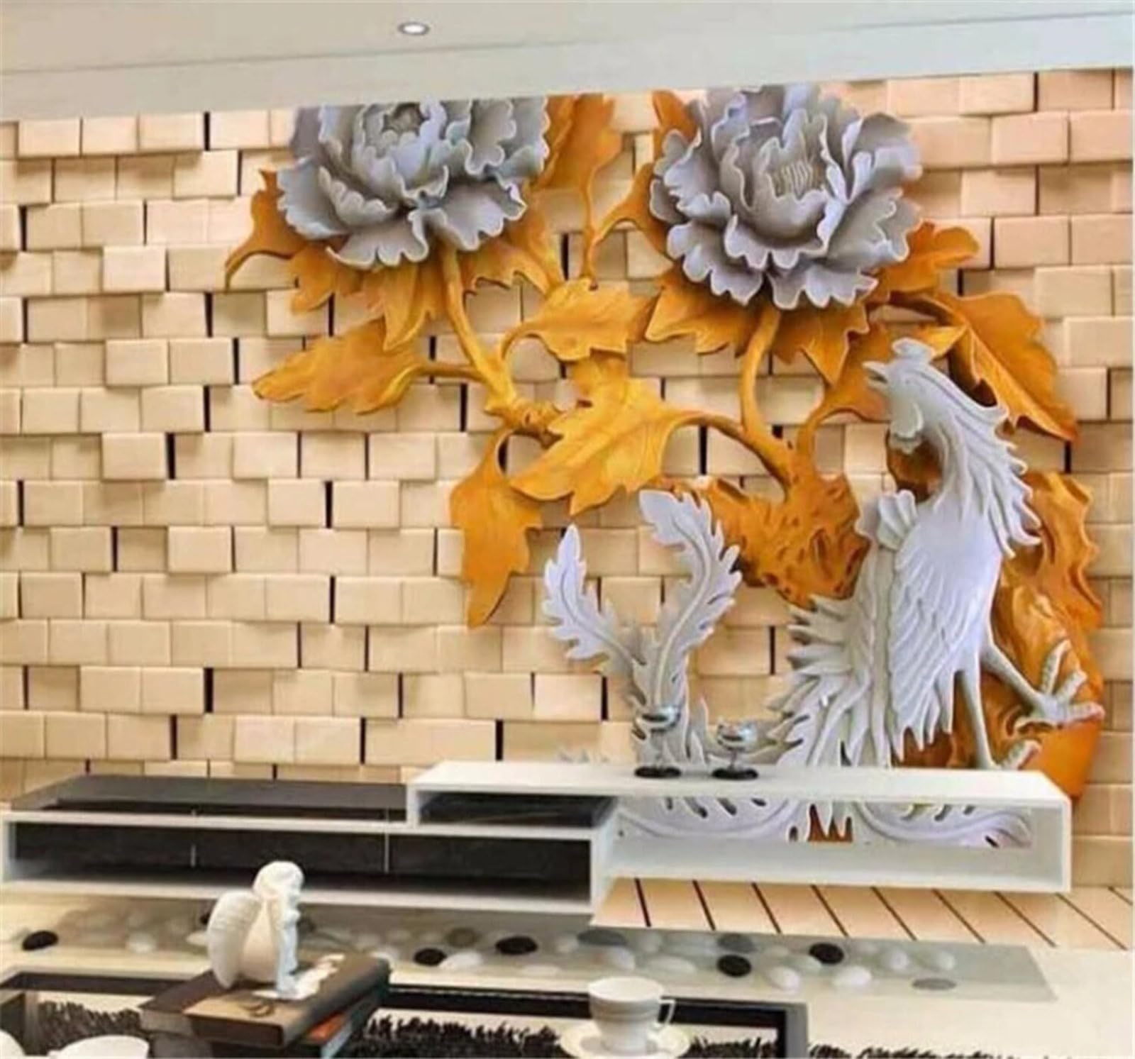 Xlming 350Cm×256Cm(B×H) Vintage Three Dimensional Brick Wall Wood Carving Peony 3D Wallpaper Luxury Silk Study Dining Feature Sofa Grey Bedroom Living Room Tv Decorative Wall-350Cm×256Cm