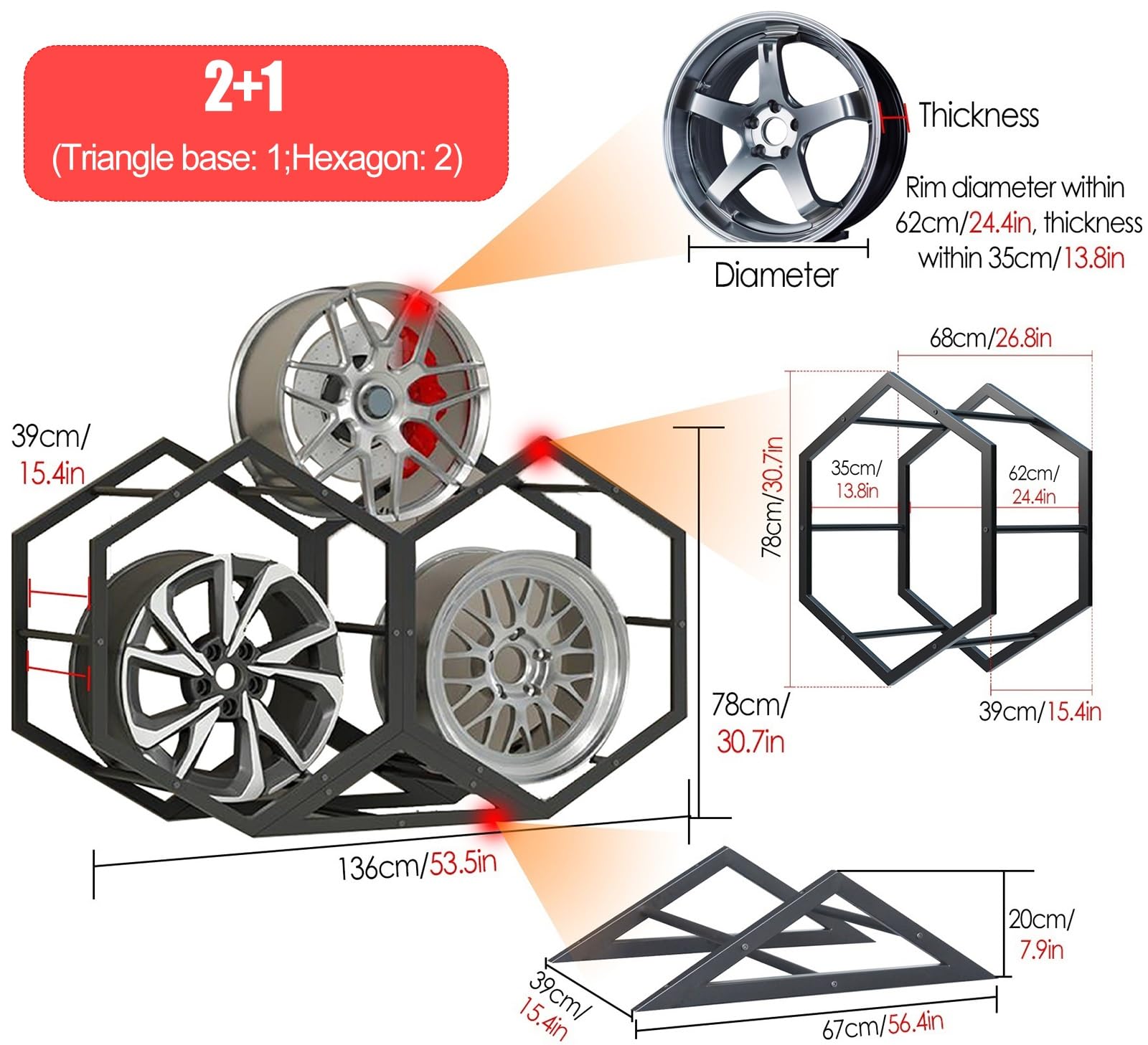 Commercial Heavy Duty ekspozytor na opony i felgi Lar Capaci - regał stojący, odpowiedni dla handlu detalicznego, warsztatów samochodowych i wystaw, design 2+1 (1