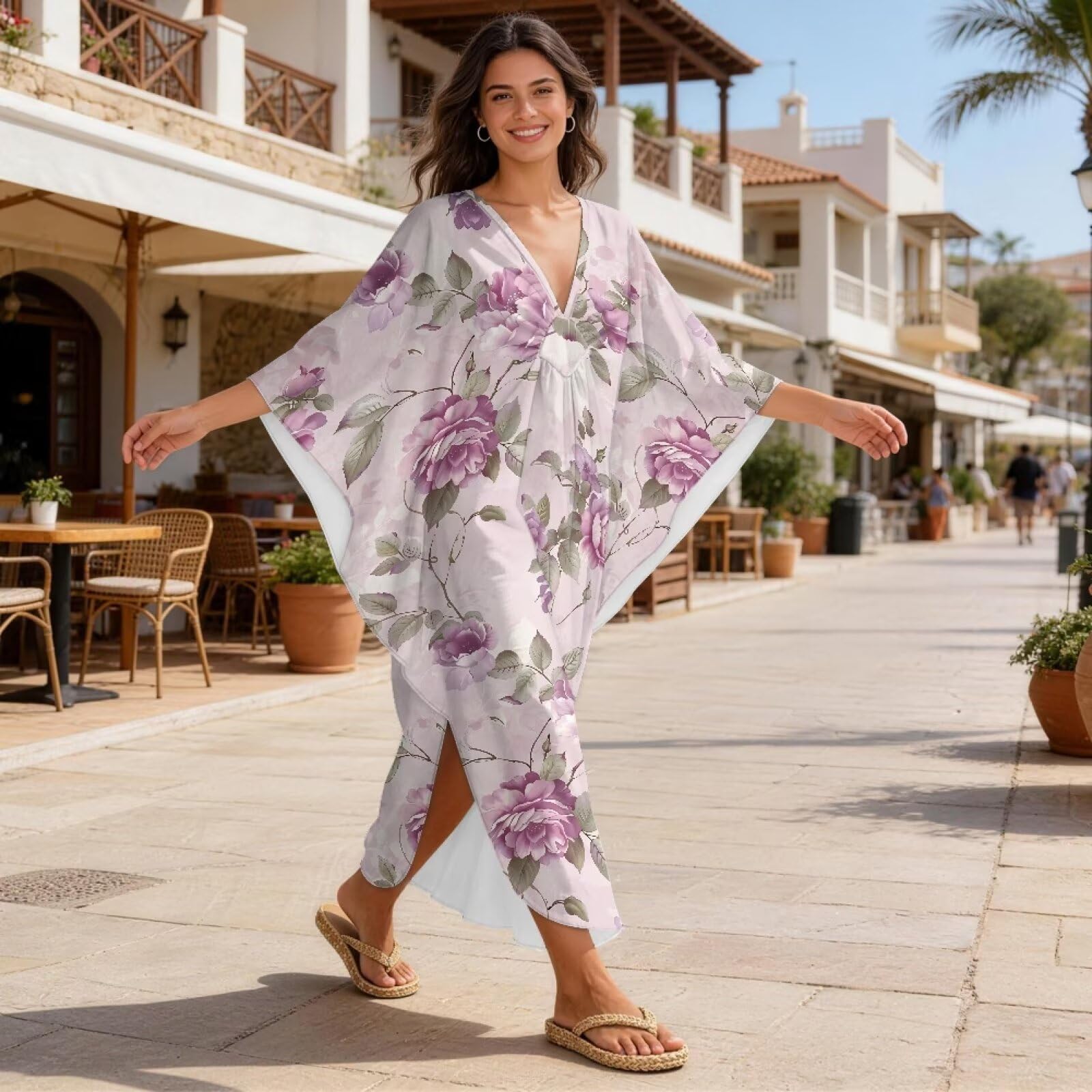 Xoenoiee Damska sukienka kaftan plus size dekolt w serek rękaw nietoperz okrycie plażowe okrycie kąpielowe okrycie kąpielowe letnia sukienka kaftan