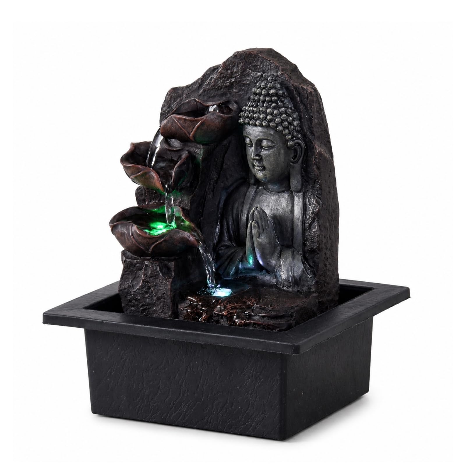 Fontaine d’Intérieur Cascade Bouddha Lotus Lumière LED Colorée, Décoration d’Intérieur Feng Shui, Idée Cadeau Esprit Zen, Avec Pompe Silencieuse Fournie, Spiritualité Zen’Light, 21 x 21 x 26 cm