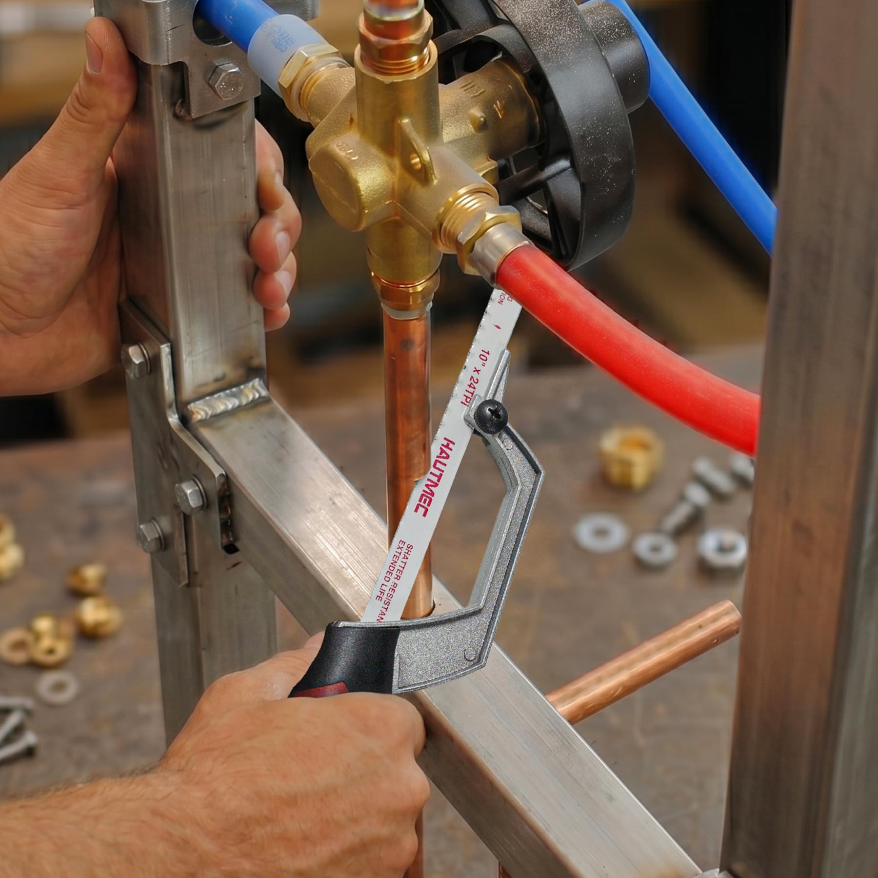 HAUTMEC Kompakte Mini-Bügelsäge 250 mm mit Bi-Metall HSS Sägeblatt, Aluminium-Metallsäge mit Schnittführung, Handsäge für Metall, PVC, Kunststoff & Holz, Ideal für enge Stellen – HT0427