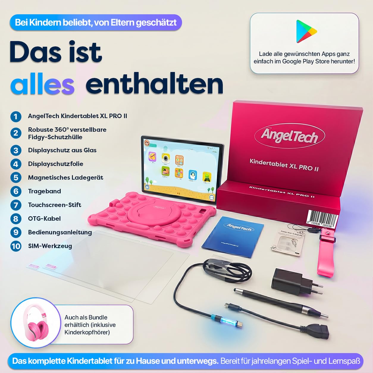 AngelTech Kindertablet XL Pro II – 10 Zoll HD 2025 – Android 16 Kinder Tablet mit Kindersicherung – 6GB RAM + 8GB virtuell, 128GB Speicher – Tablet für Kinder mit Schutzhülle – Rosa