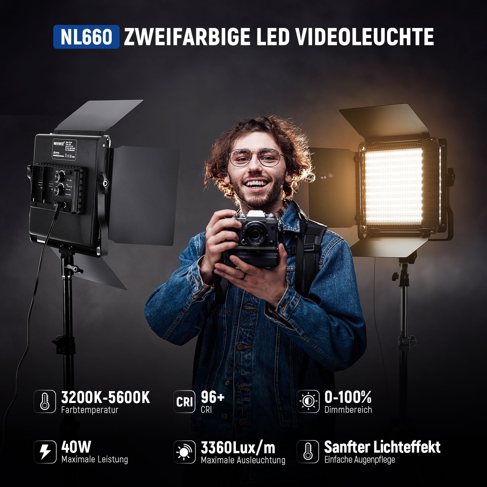 NEEWER 2 luci video professionali in metallo Bi Color LED, luce video per studio YouTube, telaio in metallo durevole, dimmerabile, 660 perle, luce fotografica con supporto a U e porta barndoor, 3200