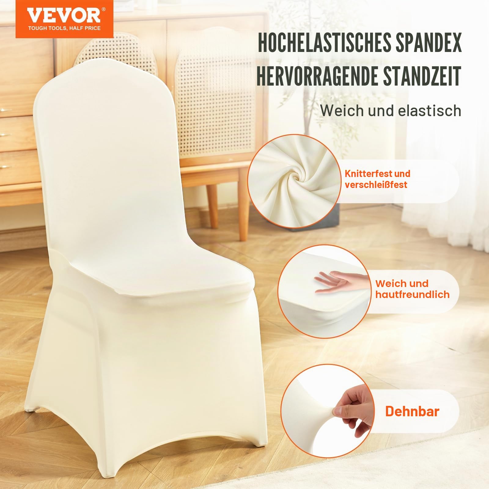 VEVOR Stuhlhussen für Klappstühle aus Elastischem Spandex, Universell Passender Stuhlbezug, Abnehmbare &Waschbare Schonbezüge, für Hochzeiten, Partys, Feiern, Essen (50 Stück, Beige)