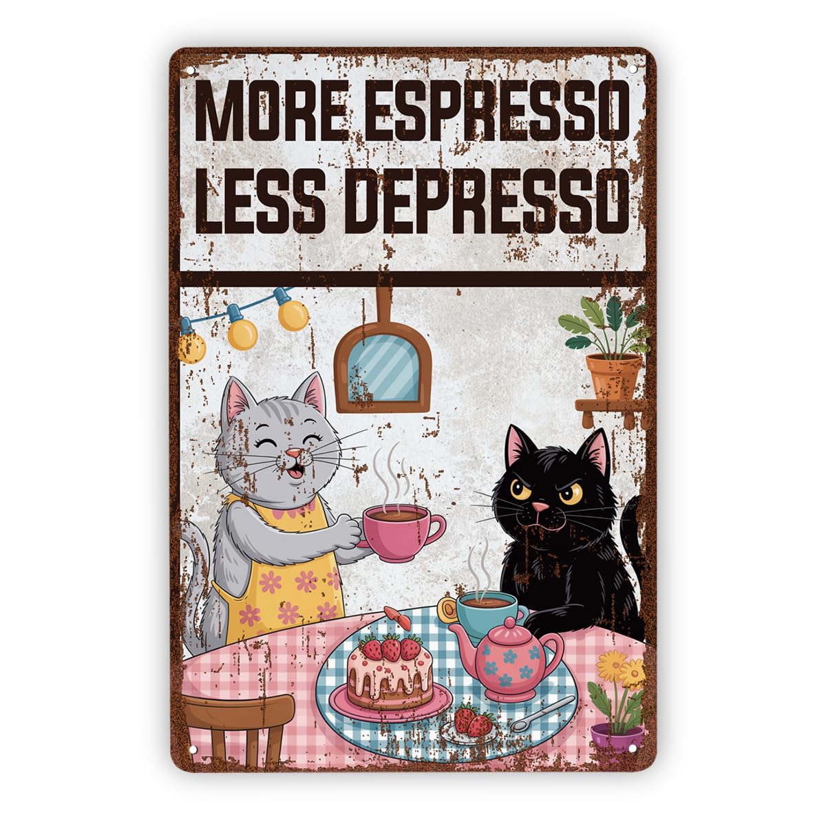 Funny Vintage Metal Sign, More Espresso Less Depresso Metal Sign, Coffee Cat Poster, Kitchen Bar Wall Decor, Office Wall Decor Metal Tin Sign 8X12 Inch