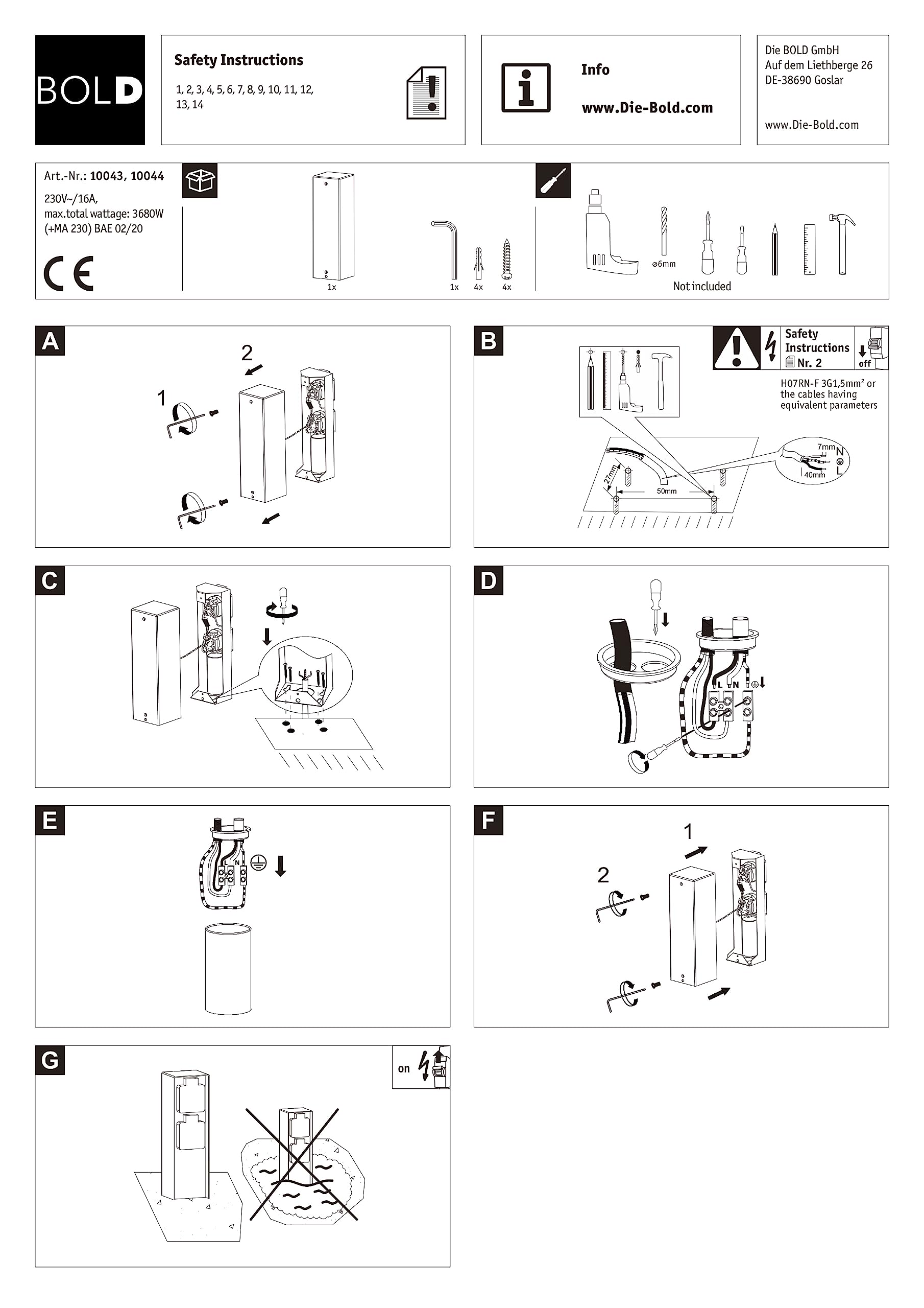 Orio - Columna de 2 enchufes (rectangular, hierro cepillado, IP 44)