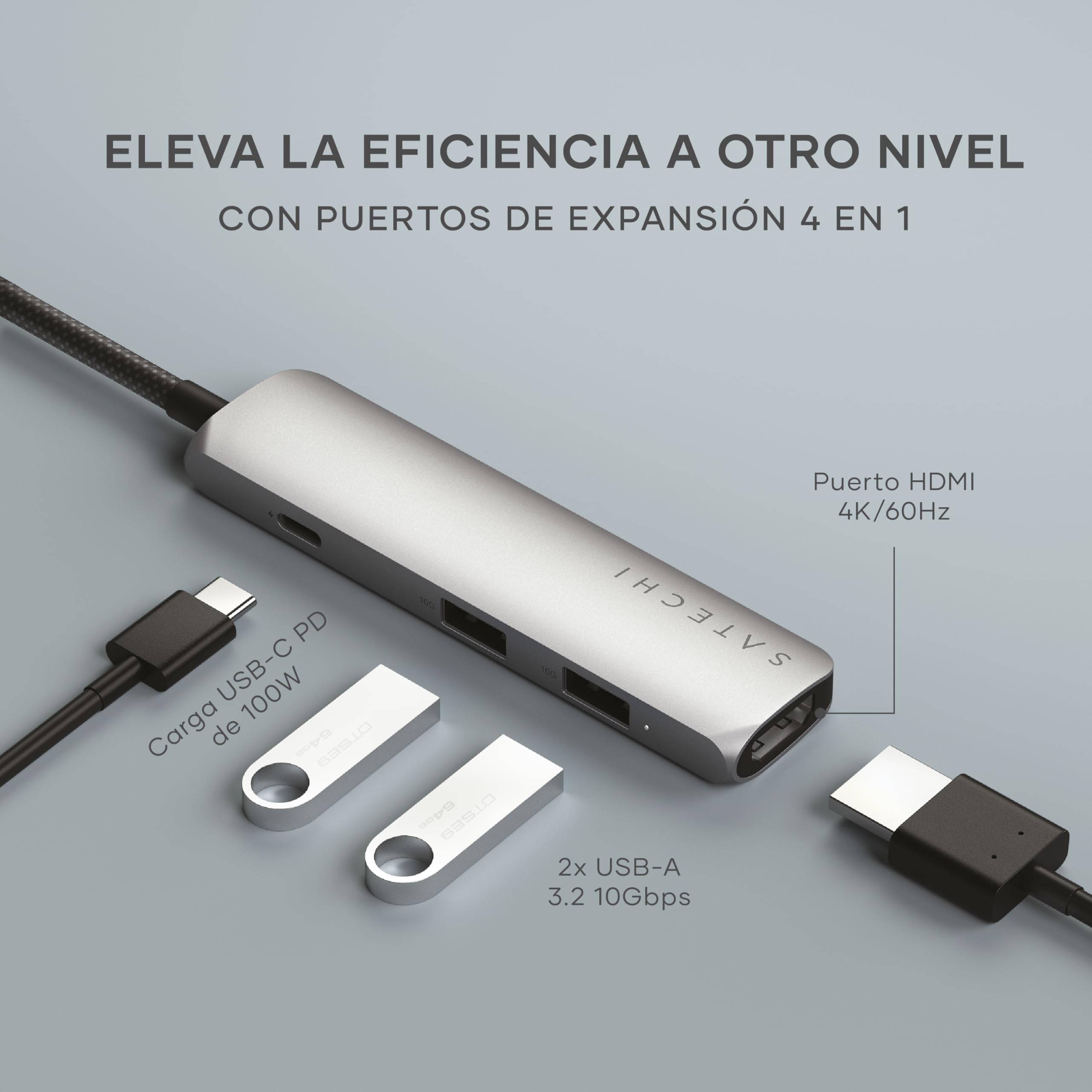 SATECHI Hub USB C 4 en 1 Slim Plus, PD 100W, HDMI 4K, Gris Espacial | 2x Puertos USB-A 10Gbps, vídeo 4K@60Hz, para MacBook Air/Pro/Neo, portátiles Windows y más