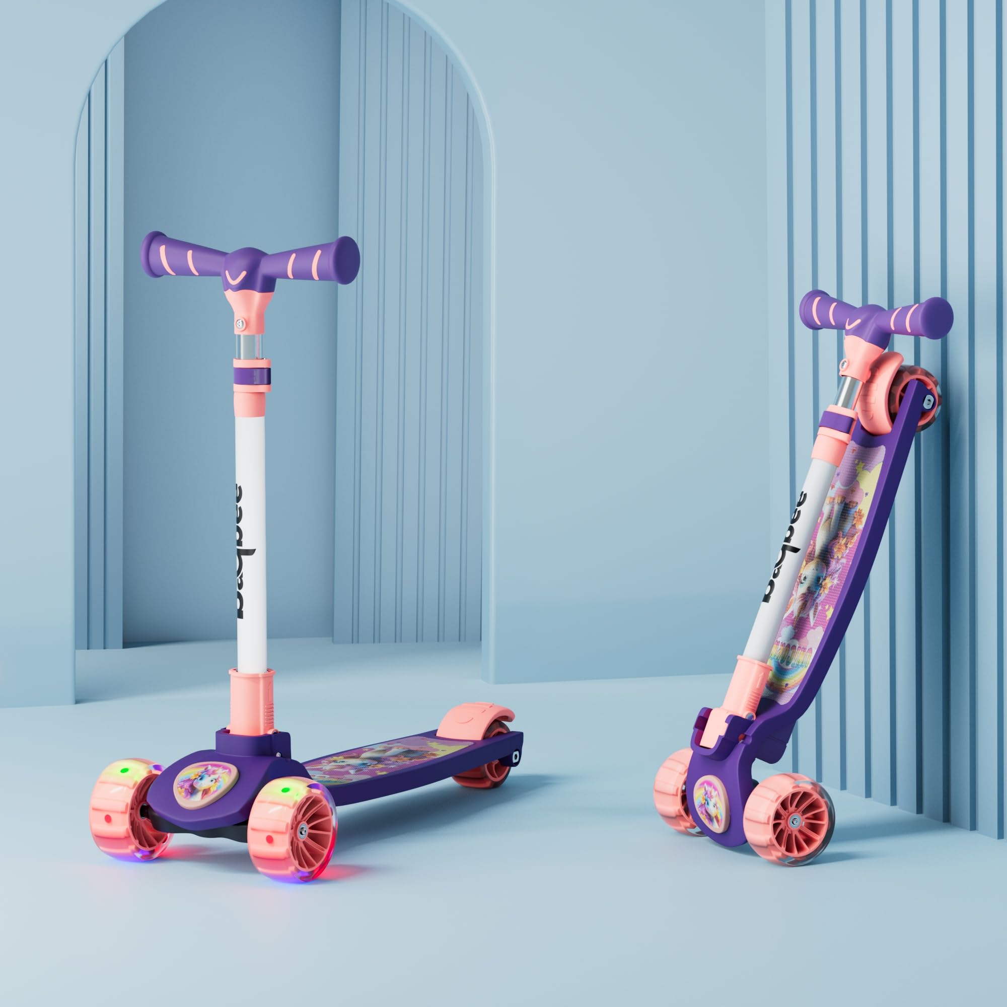 Baybee Kitty Kick Scooter for Kids | Foldable 3 Wheel Kid Scooter with 4 Height Adjustable Handle & Brake | Skate Scooters with LED PU Wheels, Runner Scooters for Kids 3 to 10 Years Boy Girl (Purple)