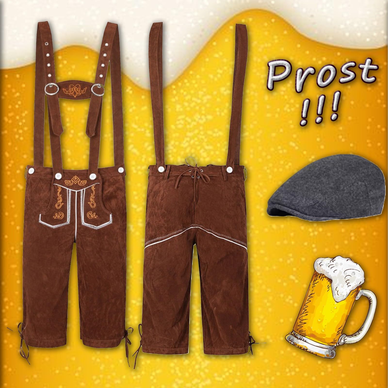 Generisch Trajes étnicos masculinos tradicionales Oktoberfest Peto Mono y sombrero de dos piezas