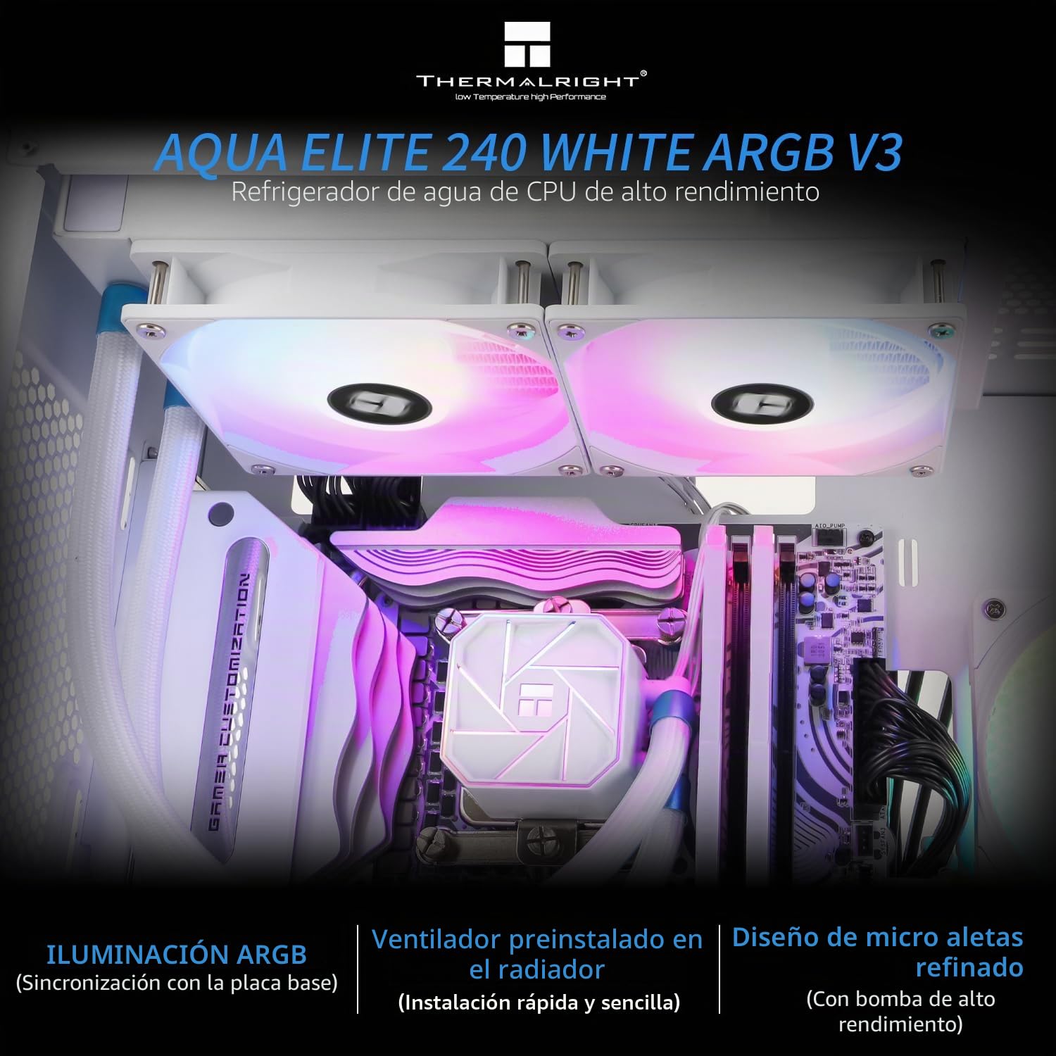 Thermalright Aqua Elite 240 White V3 Refrigerador de procesador líquido, 240 hileras de enfriamiento, 2 ventiladores PWM de 120 mm, rodamiento S-FDB, para AMD/AM4/AM5, Intel