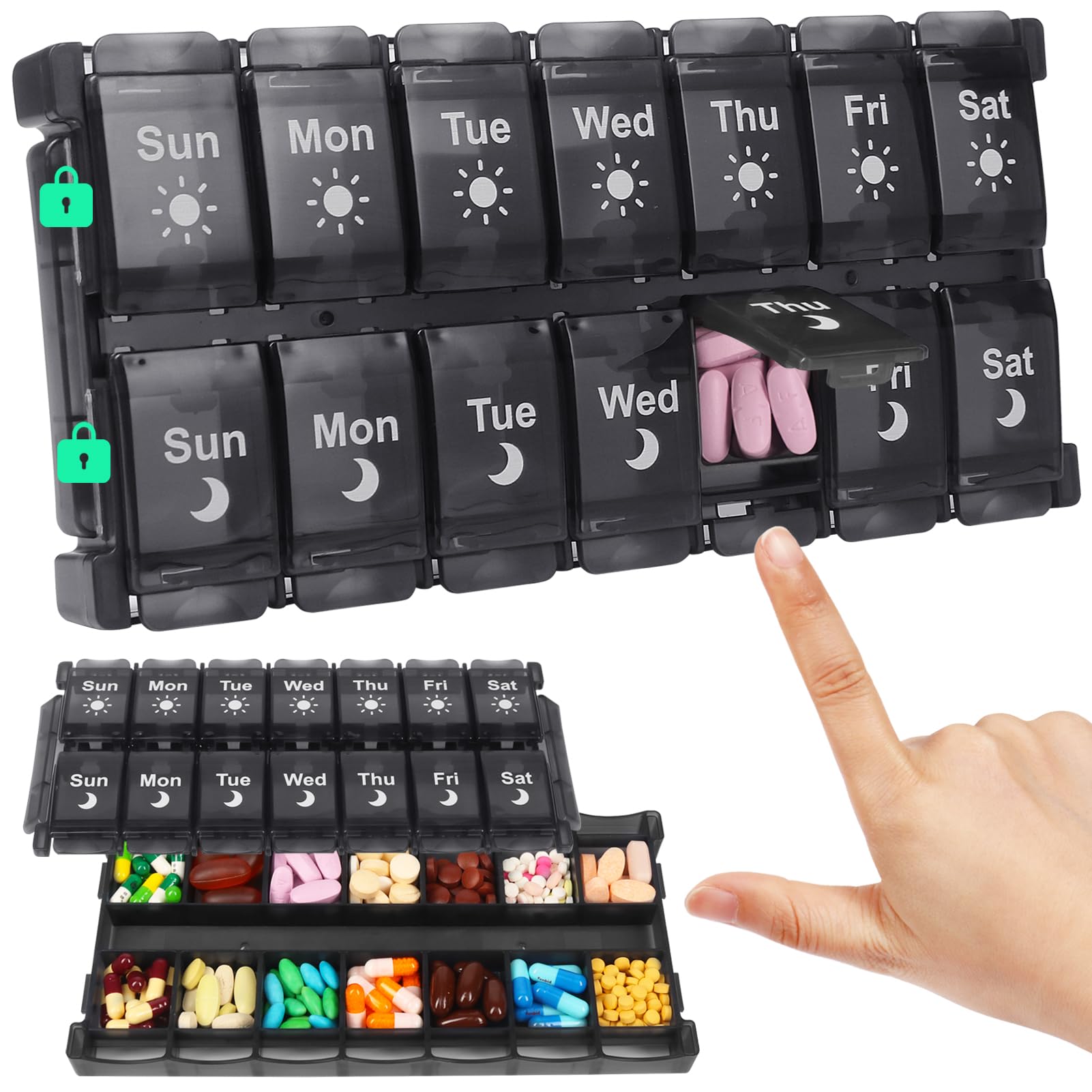 Shintop Weekly Pill Box 2 Times a Day, Easy Fill Medicine Pill Organizer Push Button Daily Pill Case 7 Day Vitamin Organizer for Fish Oil Supplements (Black)