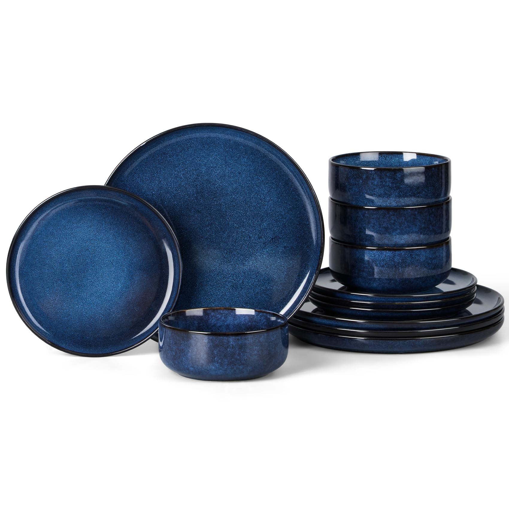 Onader 12 Piece Dinner Set, Reactive Glaze Stoneware Dinnerware for 4 People, Elegant Plates and Bowls Sets for Kitchen Christmas, Scratch Resistant, Microwave & Dishwasher Safe - Midnight Blue