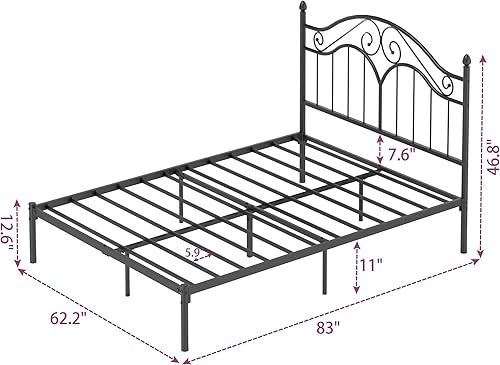 Miniatura 2 de Elephance Base de cama de metal tamaño Queen con cabecera vintage, plataforma de almacenamiento de 11 pulgadas, no necesita somier, fácil montaje,