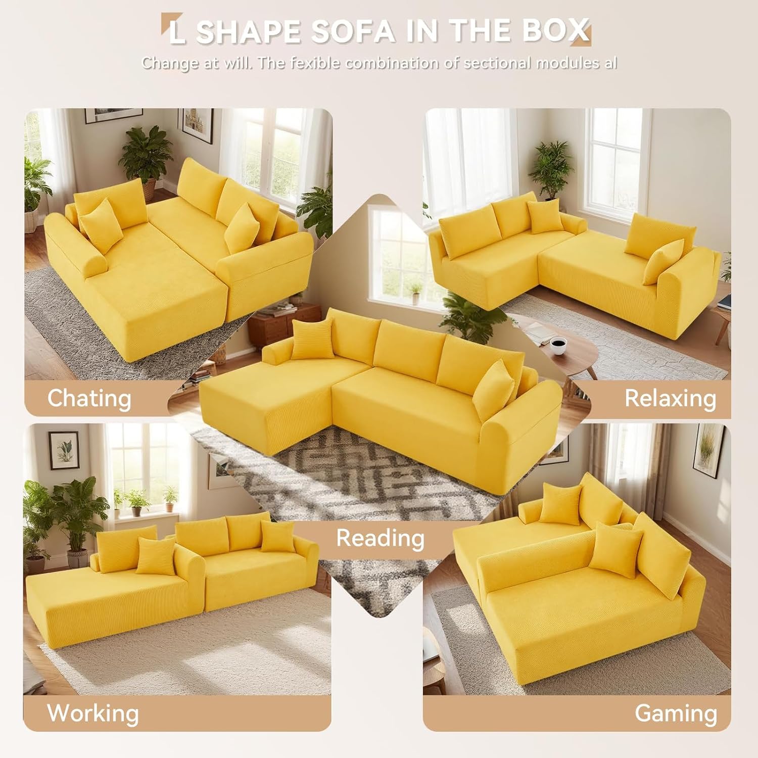 Modular Sectional Sofa with Chaise, Cloud Sectional Couch with Deep Seat, Modular L-Shape Sofa Corduroy Boneless Couch for Living Room,Bedroom,No Assembly Required(Yellow, Left Facing Chaise)