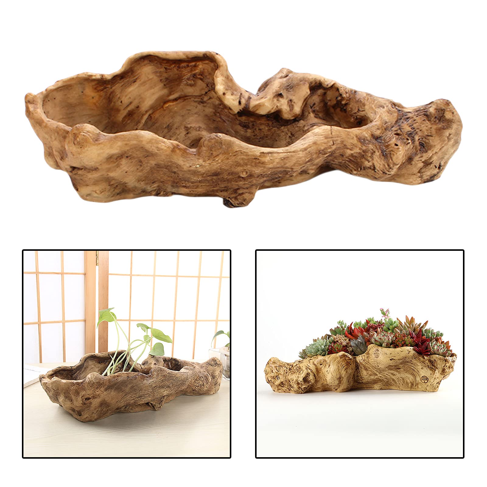 Fenteer Irregulärer Blumentopf aus Harz, Künstliche Treibholz Pflanzer Skulptur ​Sukkulenten Pflanzer Übertopf Rustikaler Kaktus Container Blumentopf Treibholz Stamm Stump Log Dekorativer