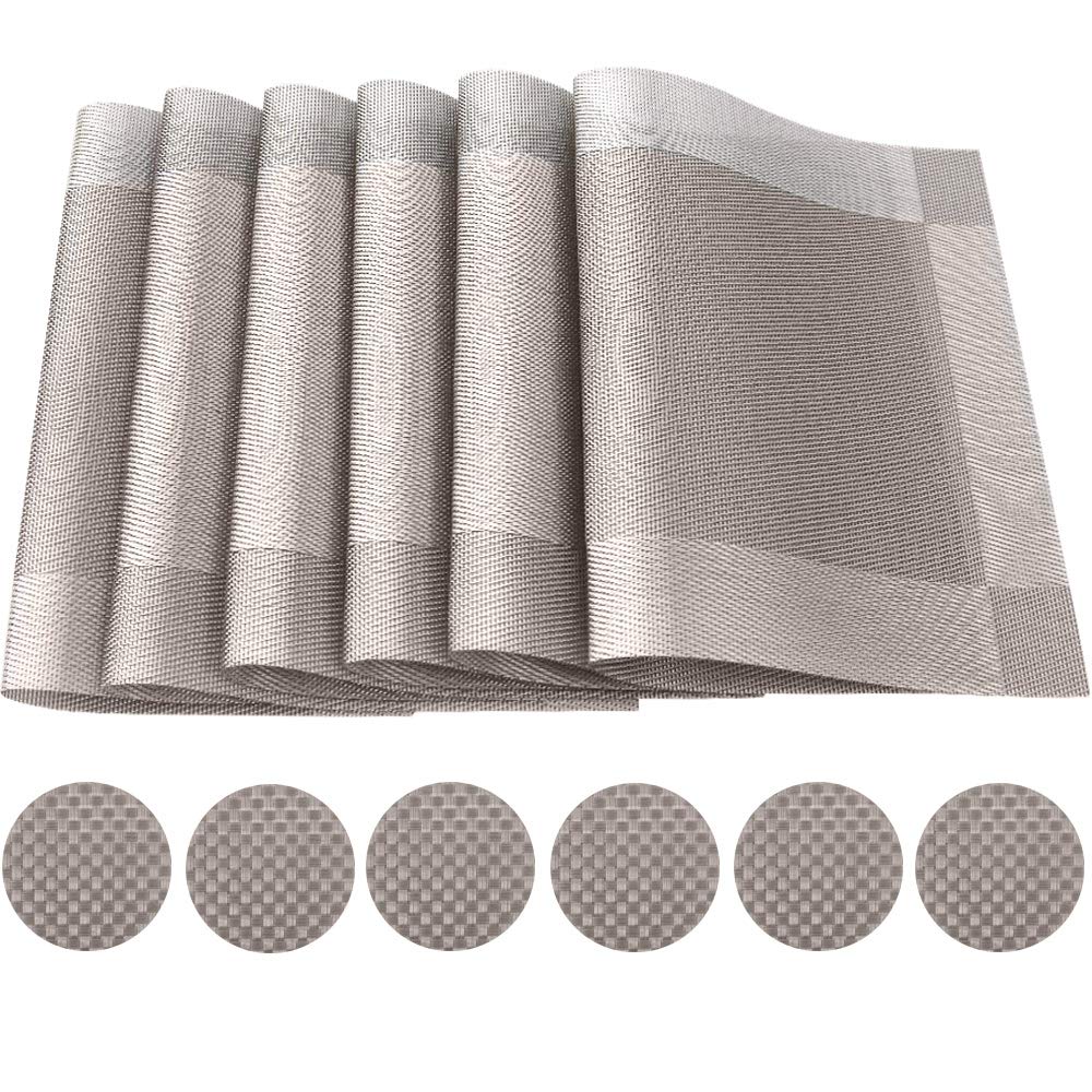 Time to Sparkle Set of 12 PCS Vinyl Woven 6pcs Placemats + 6pcs Coasters Place Mats Non Slip Table Mats Waterproof Heat-Resistant Dining Table Mats Decor (Grey)