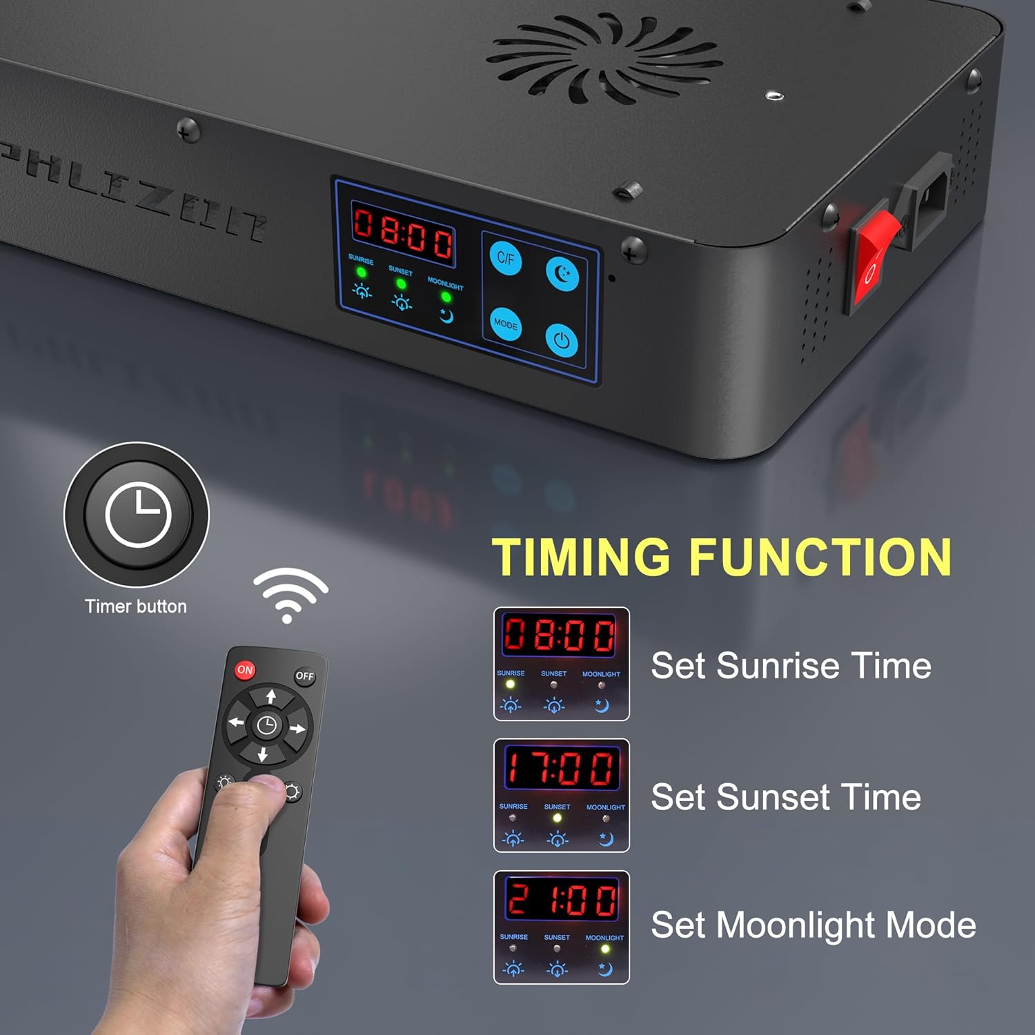 Timing function setup using the remote control to set sunrise, sunset, and moonlight times.