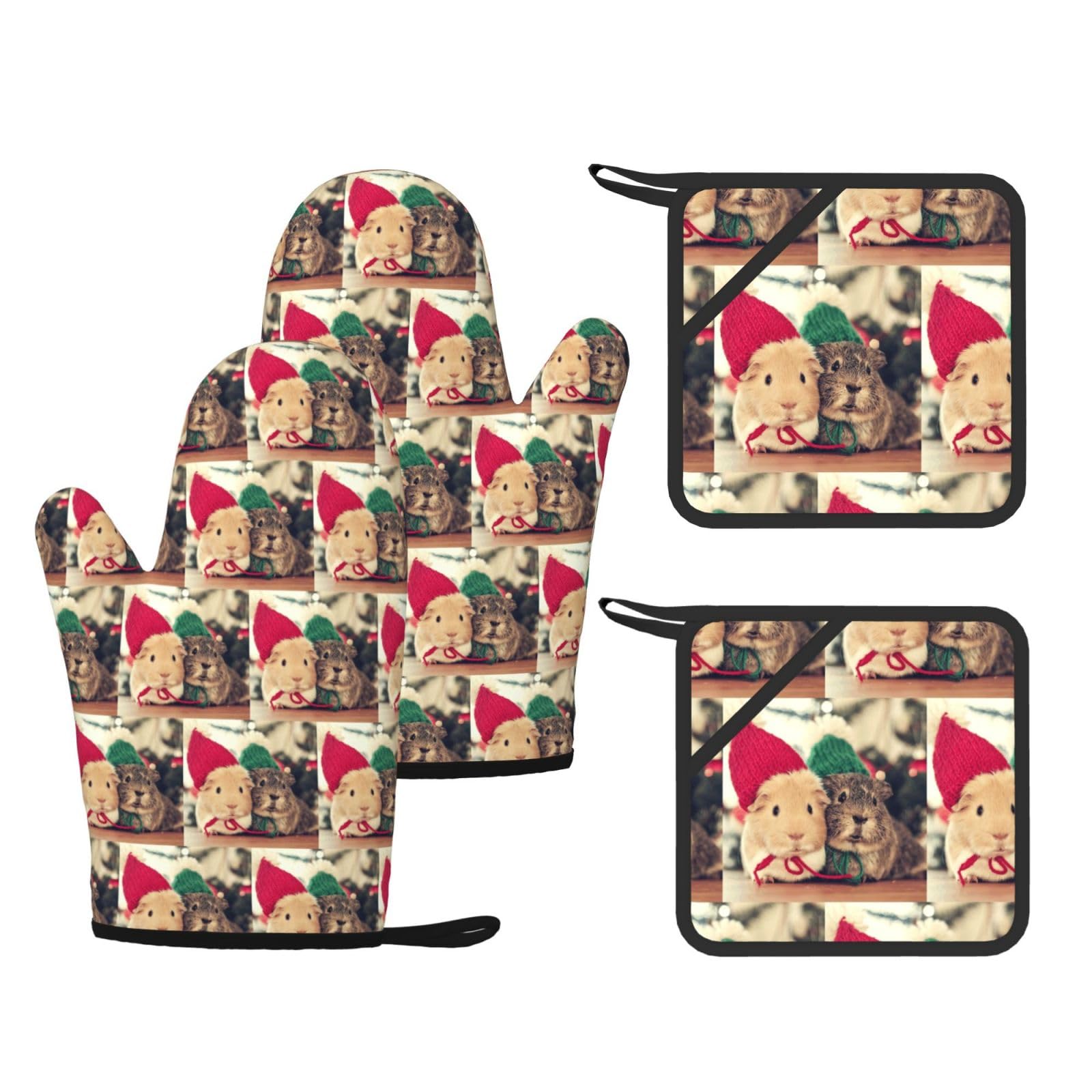 Cute guinea pigs Printed Pot Holders and Oven Mitts 4-Piece, Non-Slip Kitchen Gloves with Utensil Pocket for BBQ