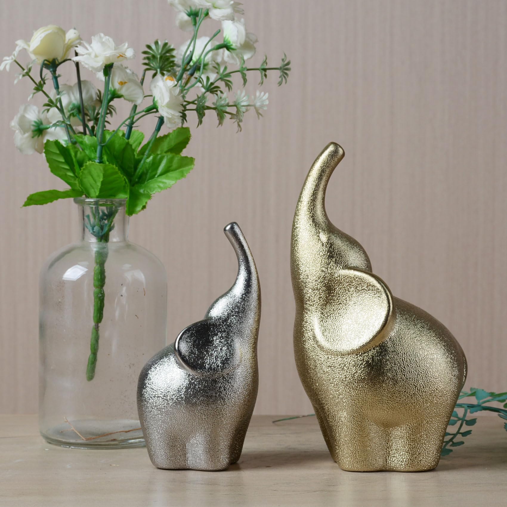 HAUCOZE 2pcs Statue Elefante Scultura Animale Figurina Moderna Decorazione Mensola Arte Regalo per Scaffalf Scrivania Soprammobili Ceramica 20cm