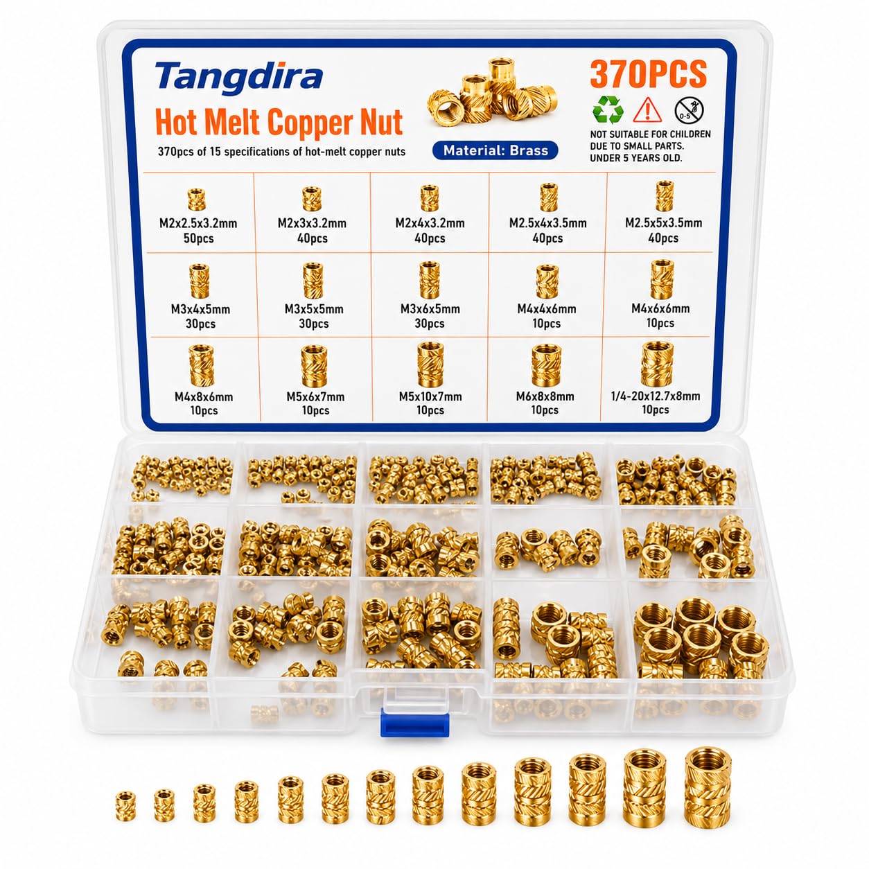 Tangdira Brass Heat Set Inserts, 370PCS, 15 Sizes