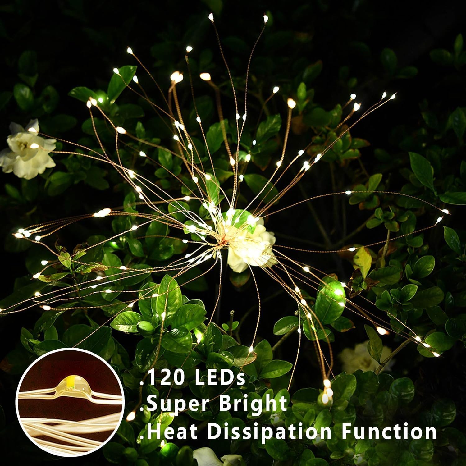2 Packs of Outdoor Solar Garden Lights， Solar Flower Firework Lights, Waterproof Updated 120LED, Suitable for Garden Terrace Courtyard Lawn Party, Wedding Christmas Decoration (Cool White)