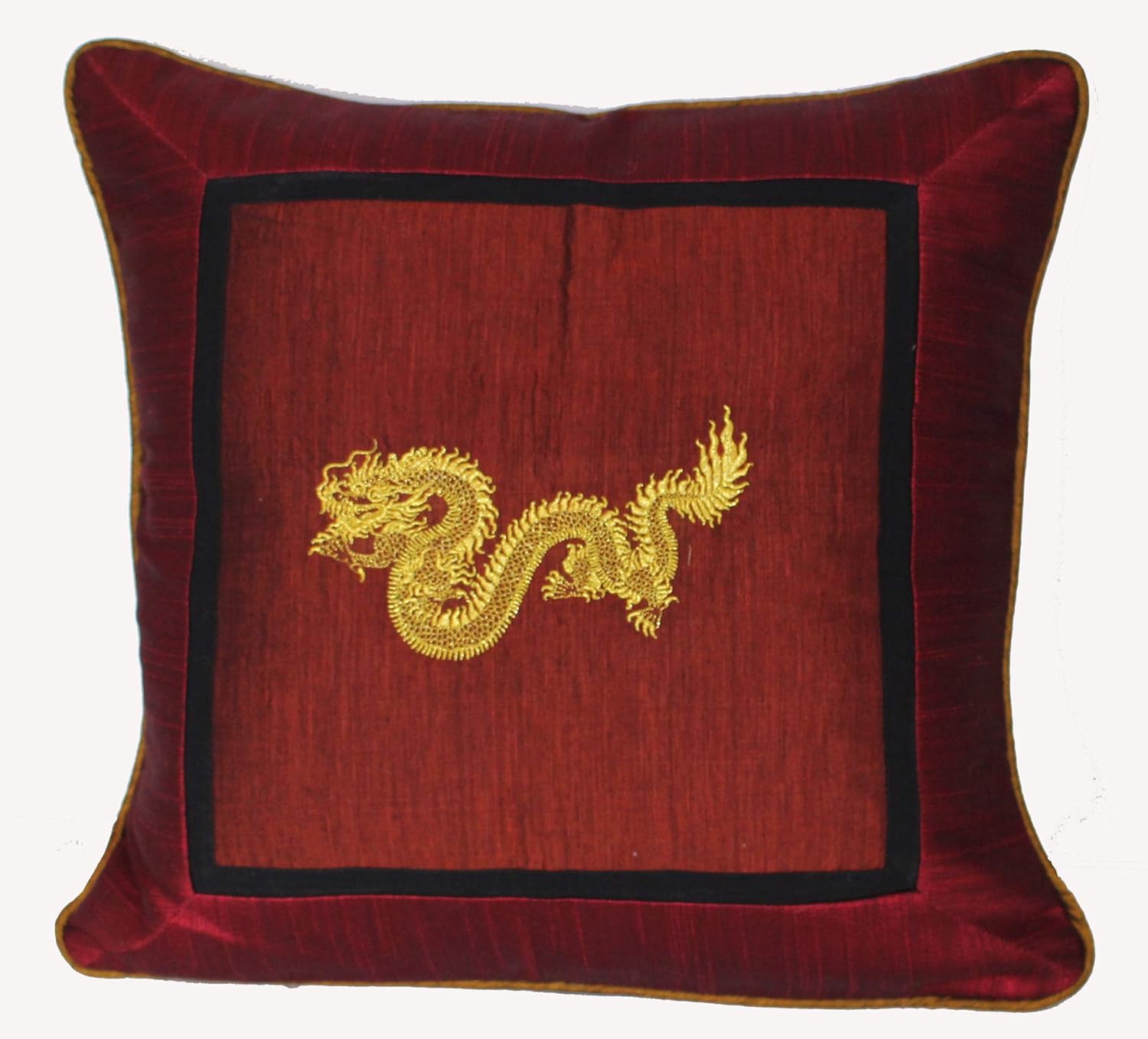 Throw Pillow with Embroidered Dragon Design Burmese Silk Burgundy Red