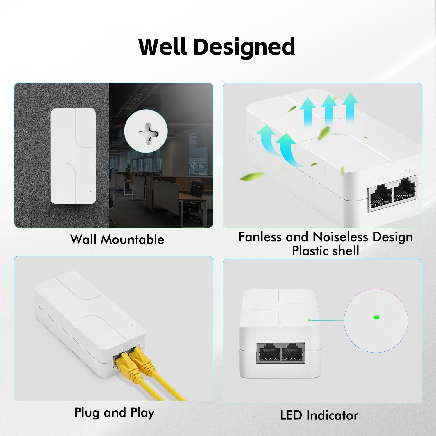 YuLinca 60W 2.5Gigabit-PoE-Injektor, unterstützt IEEE 802.3af/at/bt, White Compact Power Over Ethernet Adapter, Plug-and-Play, lüfterloses Wandmontagedesign mit LED-Anzeige
