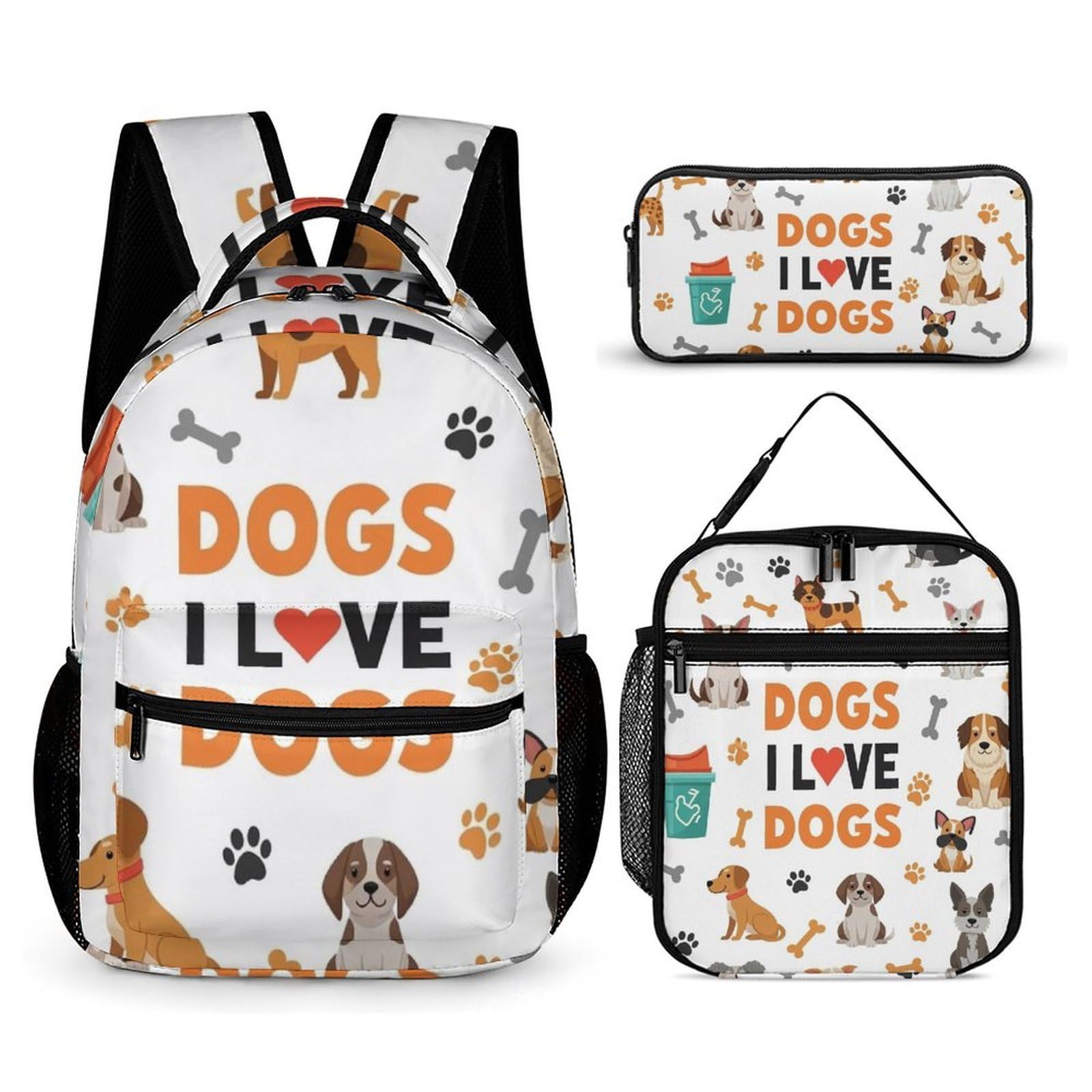 Ensemble sac à dos avec boîte à lunch, trousse de maquillage, motif chiens et rangement.
