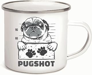 Pug Photo Gift for Pet Lovers Cute Pug Holding Sign with Paw Prints 12oz Enamel Silver Mug