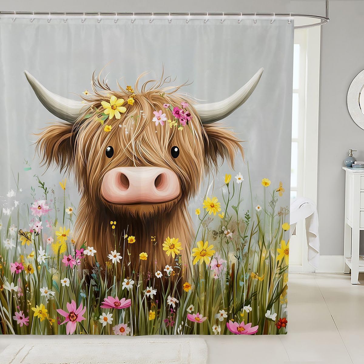 Erosebridal Highland Cattle Shower Curtain 72" Wx72 L Daisy Waterproof Bathroom Accessories Cute Cartoon Cow Calf Funny Animal Bath Curtain for Bathroom Showers Flower Plants Print Bull